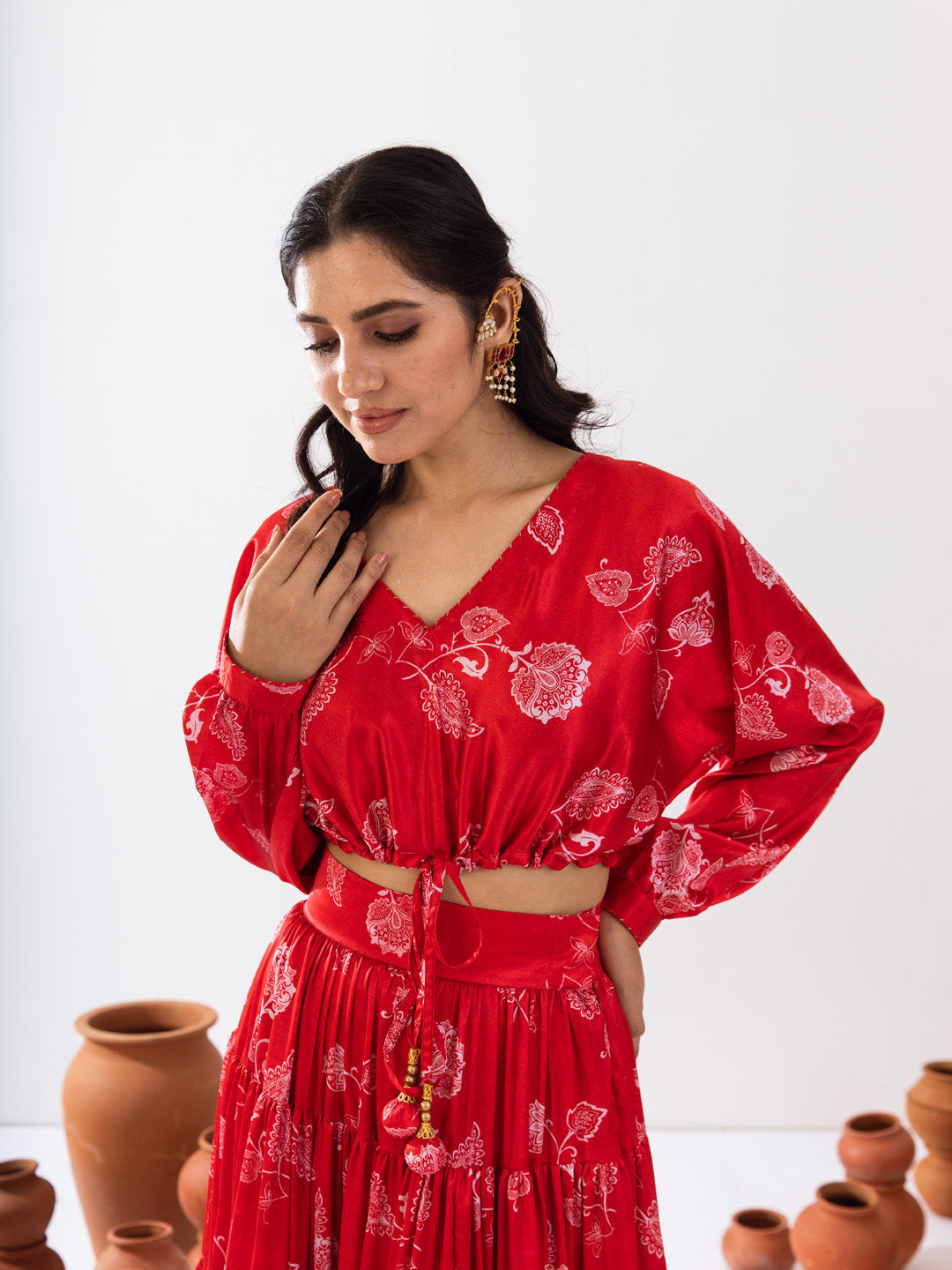 Red satin printed skirt set