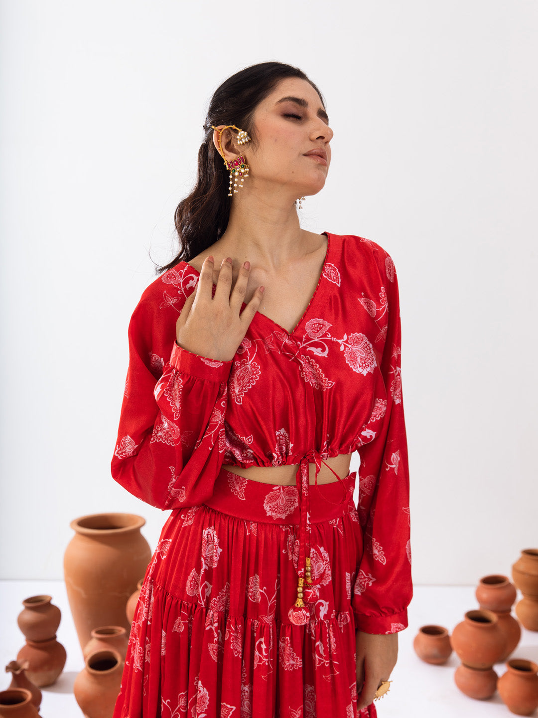 Red satin printed skirt set