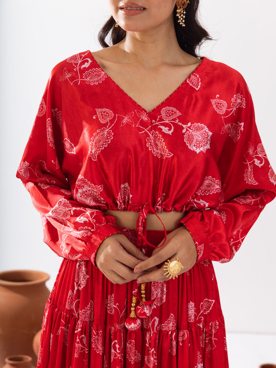 Red satin printed skirt set