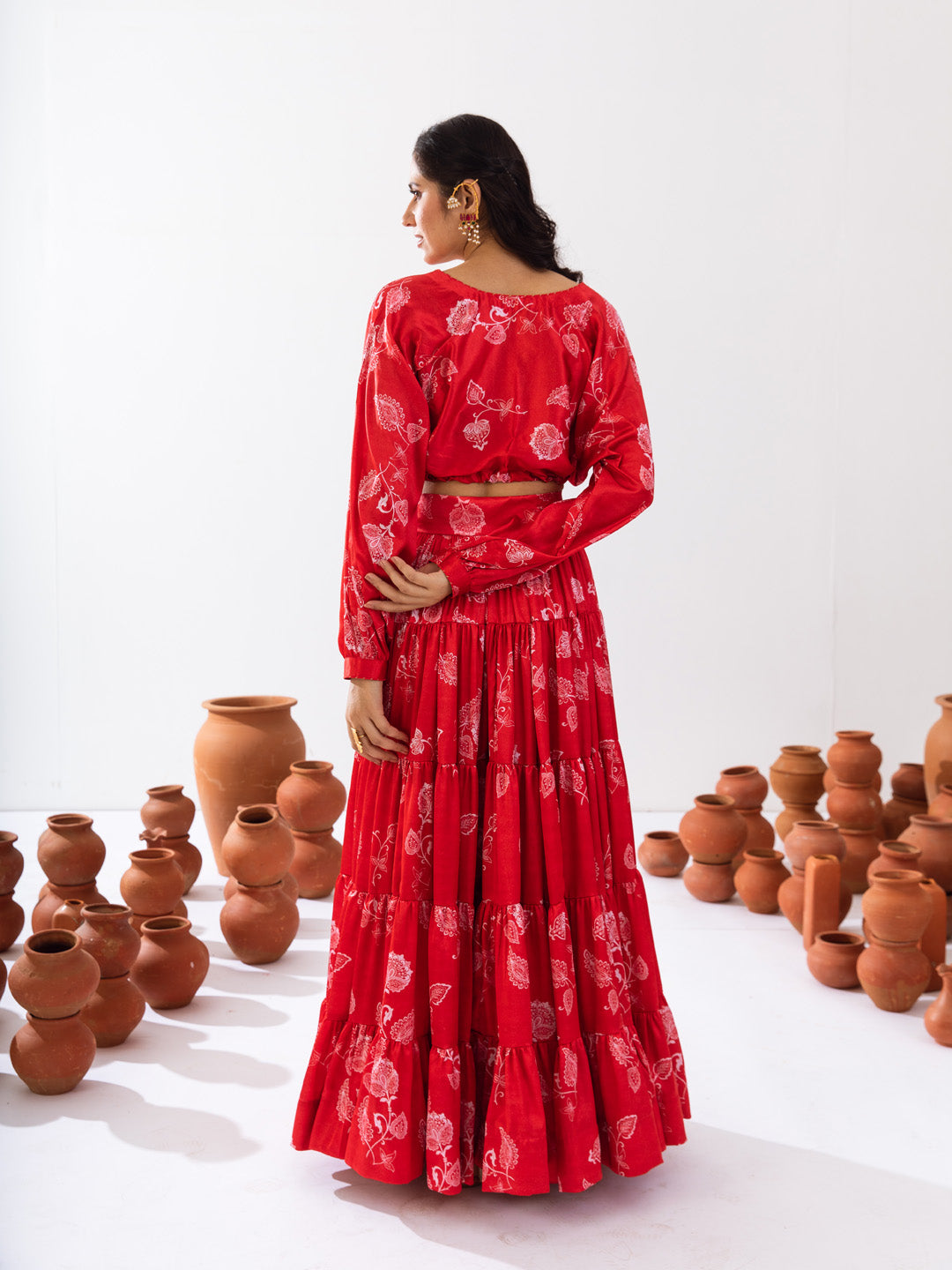 Red satin printed skirt set