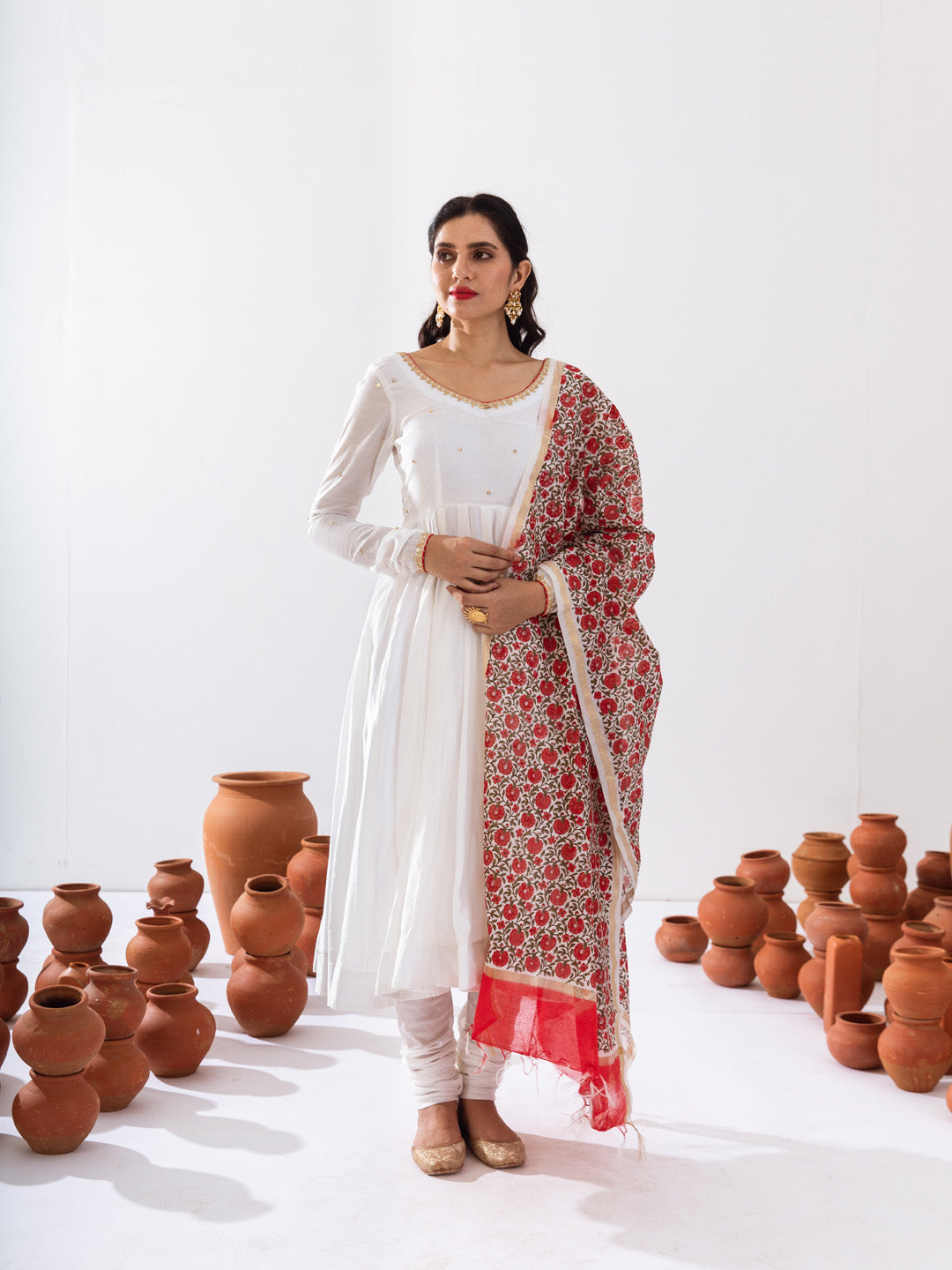 White Chanderi anarkali set