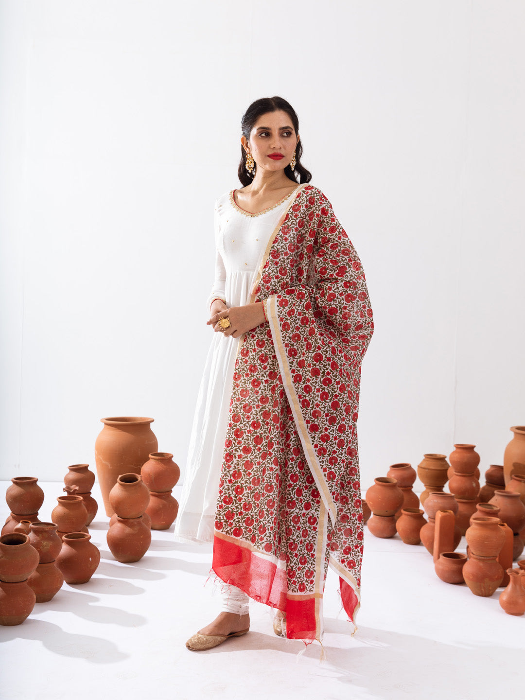 White Chanderi anarkali set