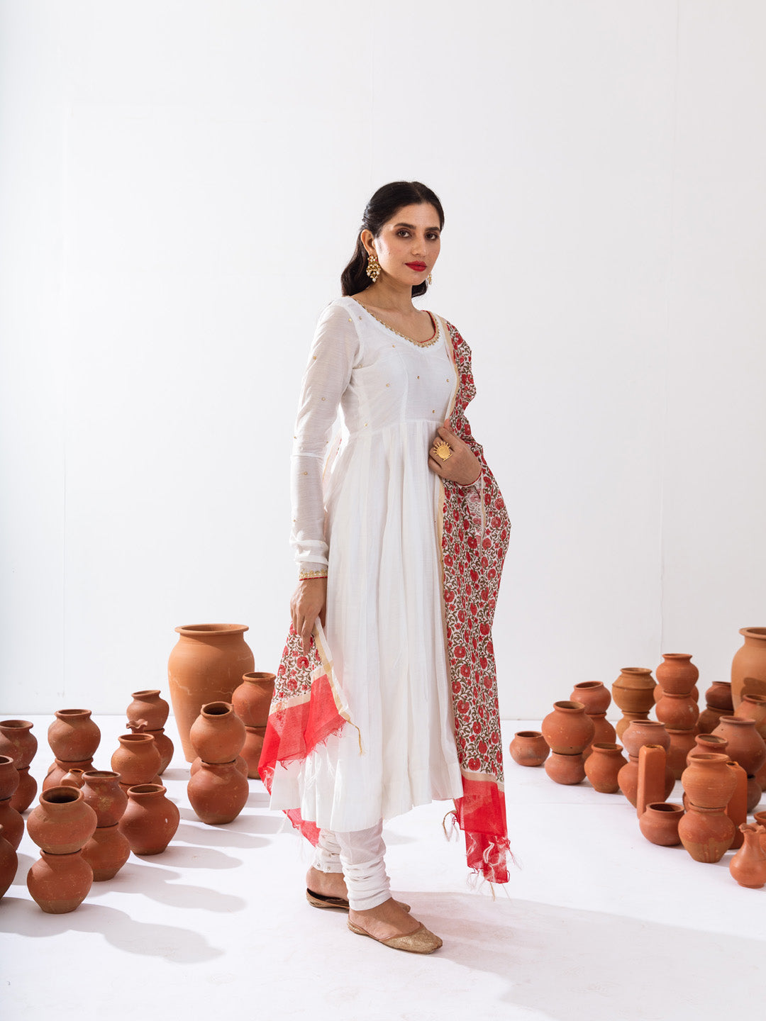 White Chanderi anarkali set