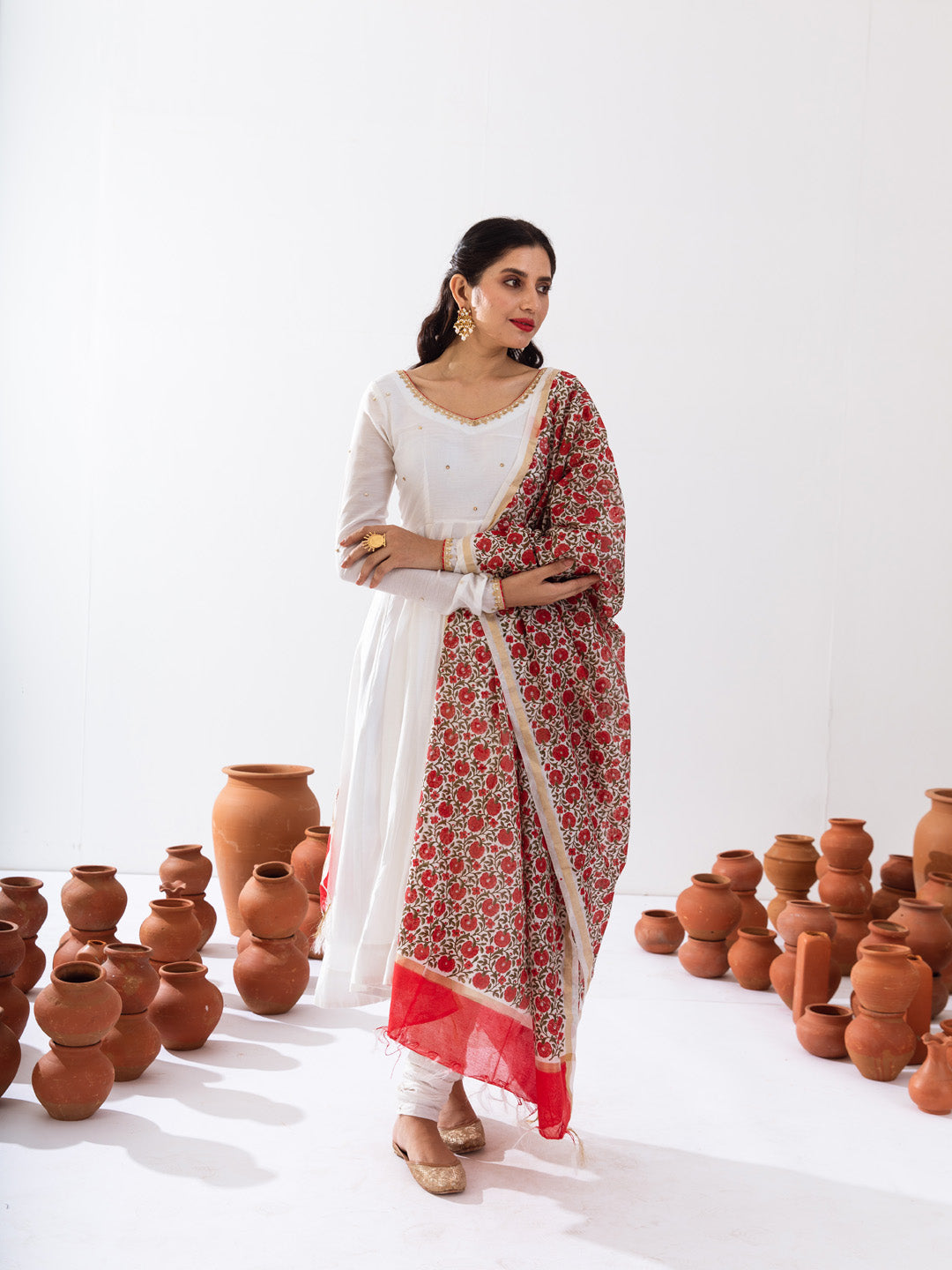 White Chanderi anarkali set