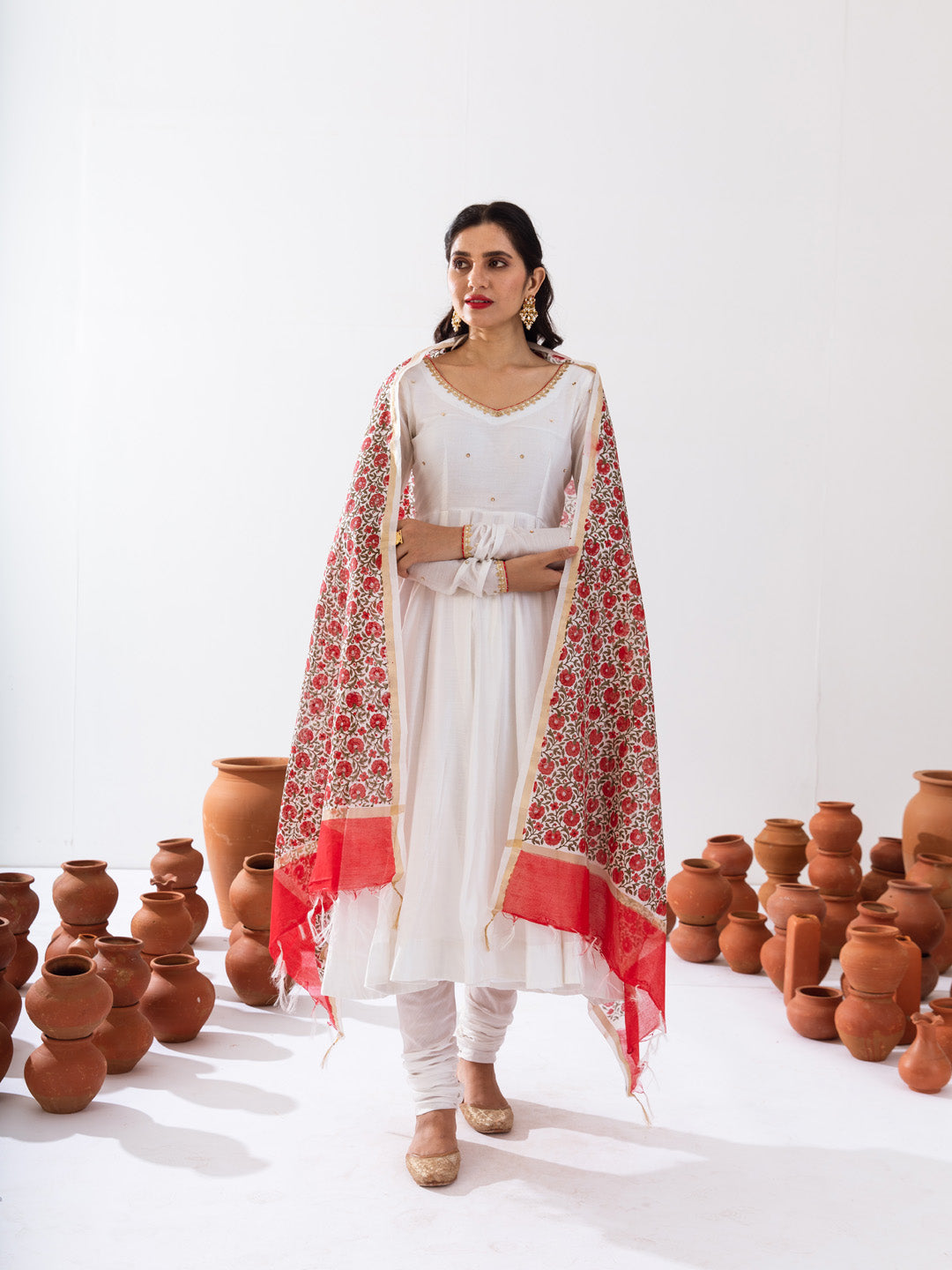 White Chanderi anarkali set