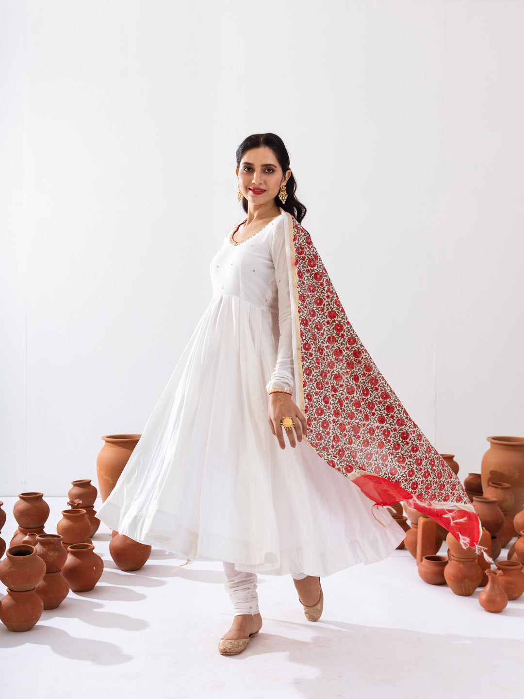 White Chanderi anarkali set