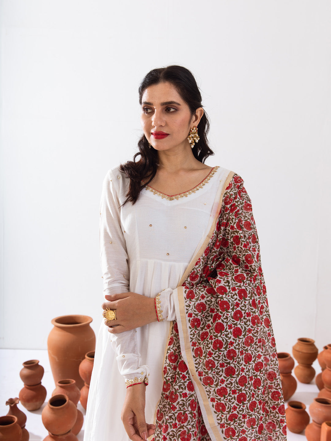 White Chanderi anarkali set