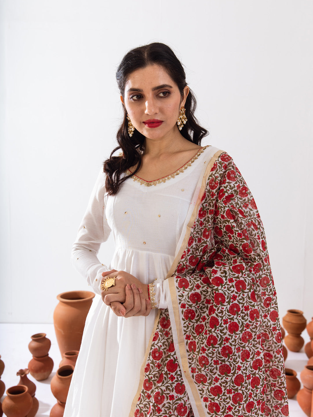 White Chanderi anarkali set
