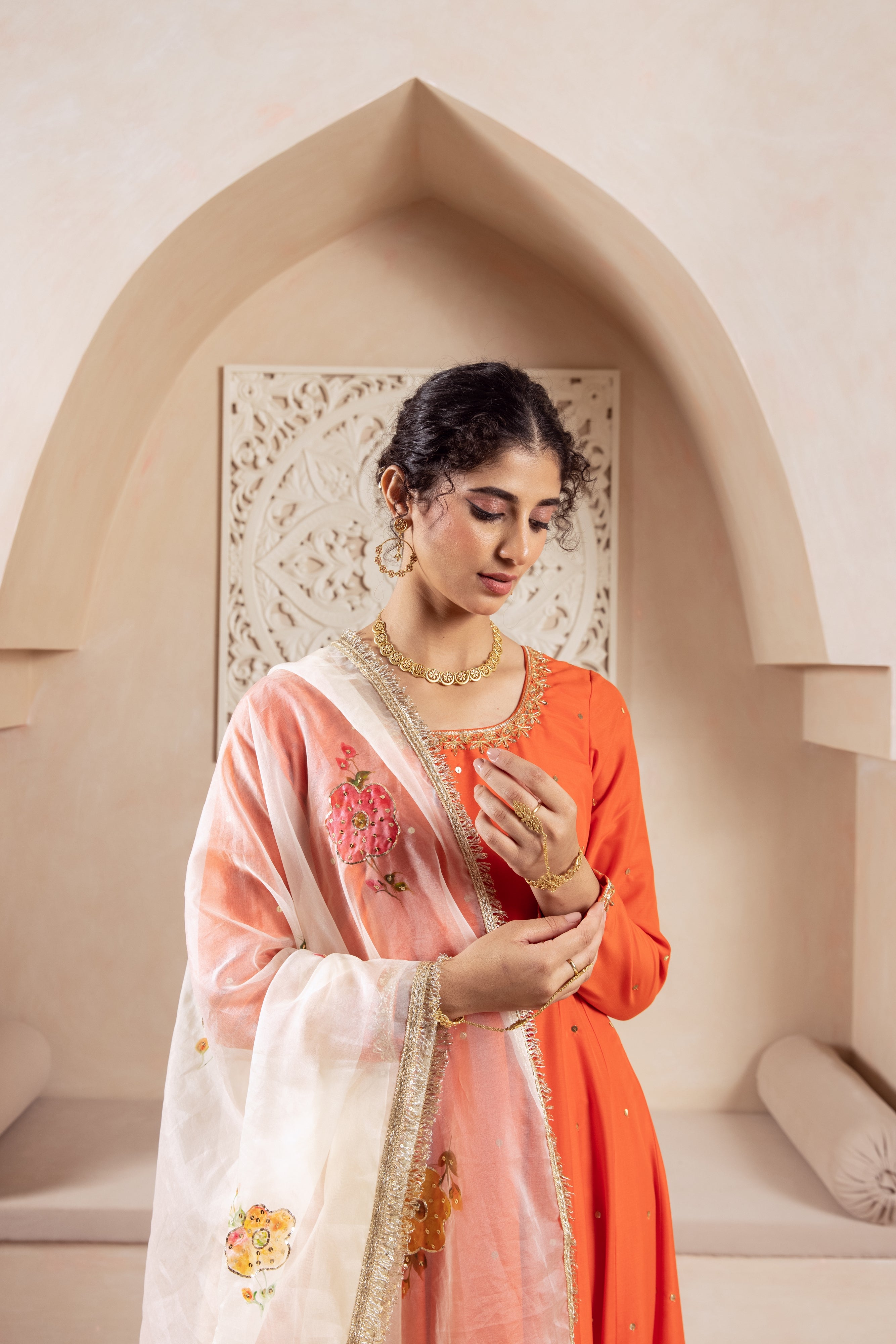 GULNAZ Orange hand painted Anarkali set