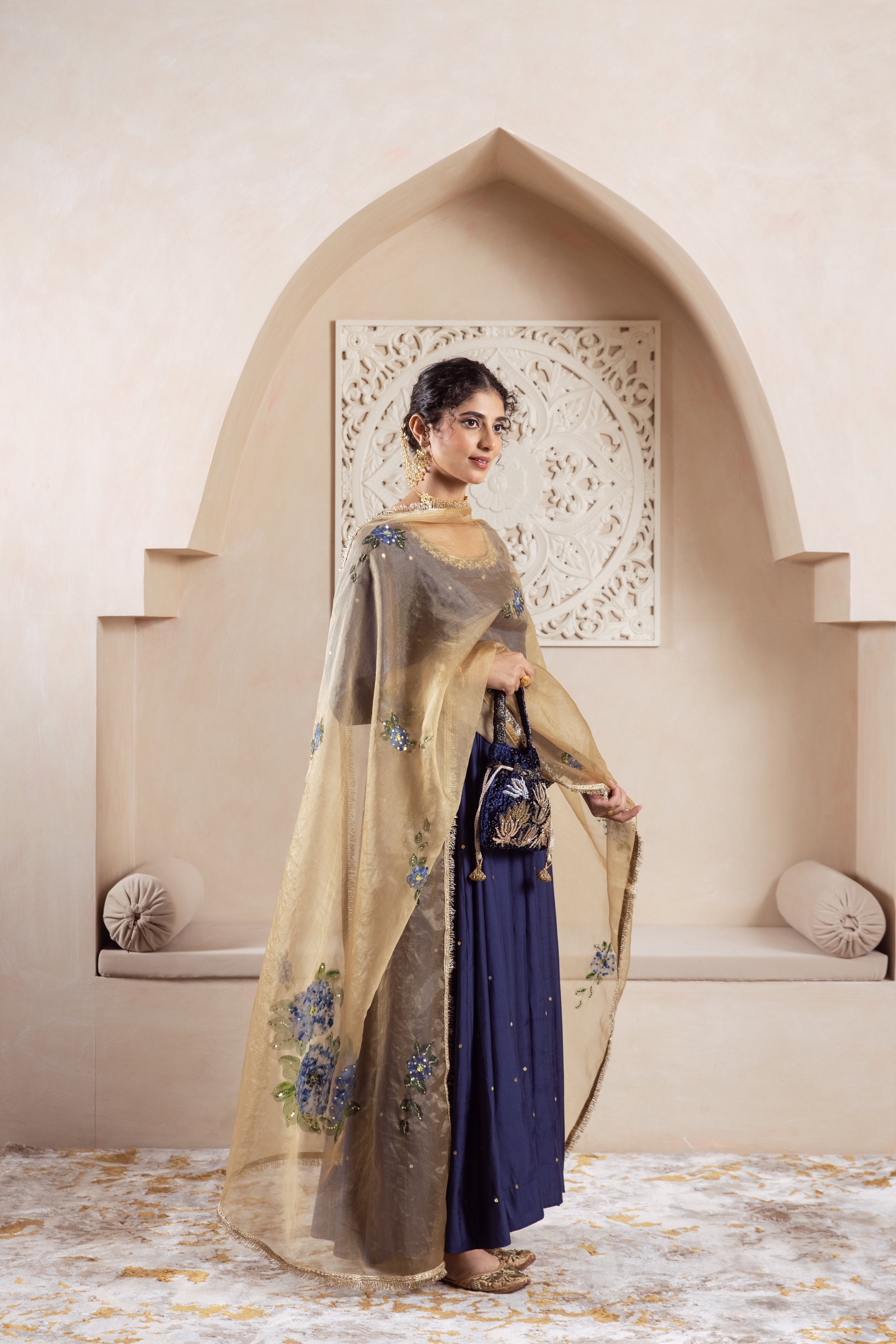 GULNAZ Navy blue hand painted Anarkali set