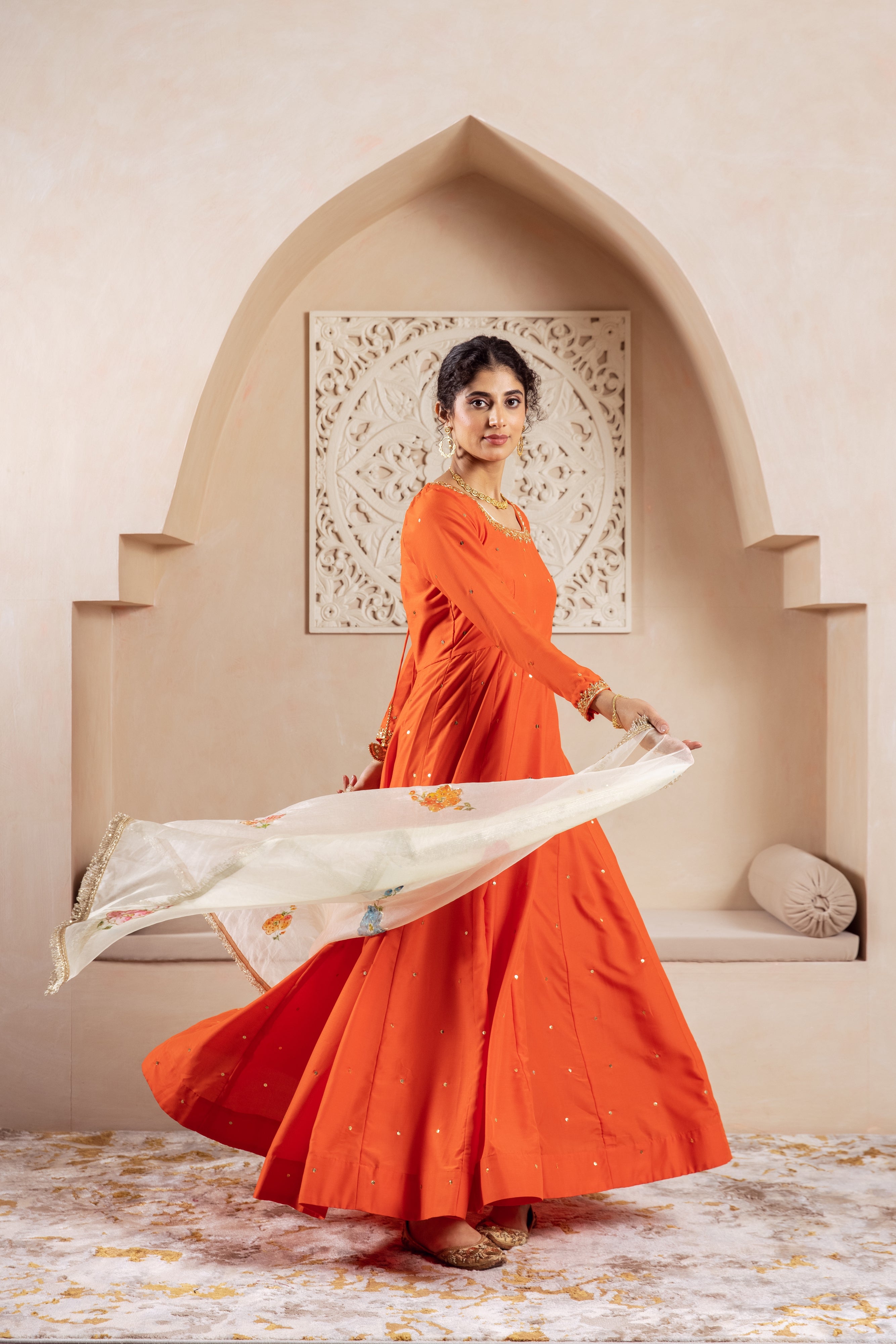 GULNAZ Orange hand painted Anarkali set