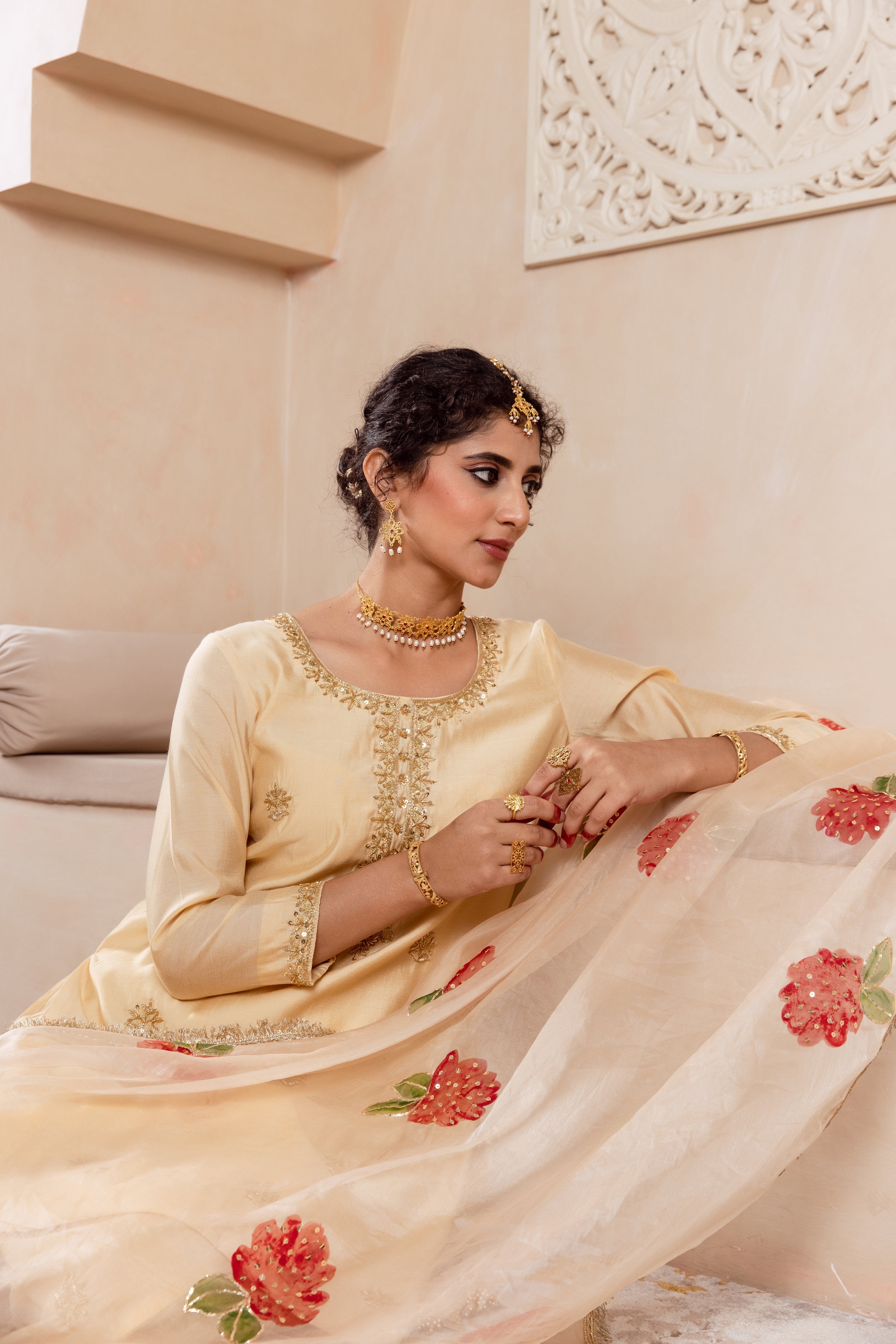 GULNAZ golden hand painted sharara set