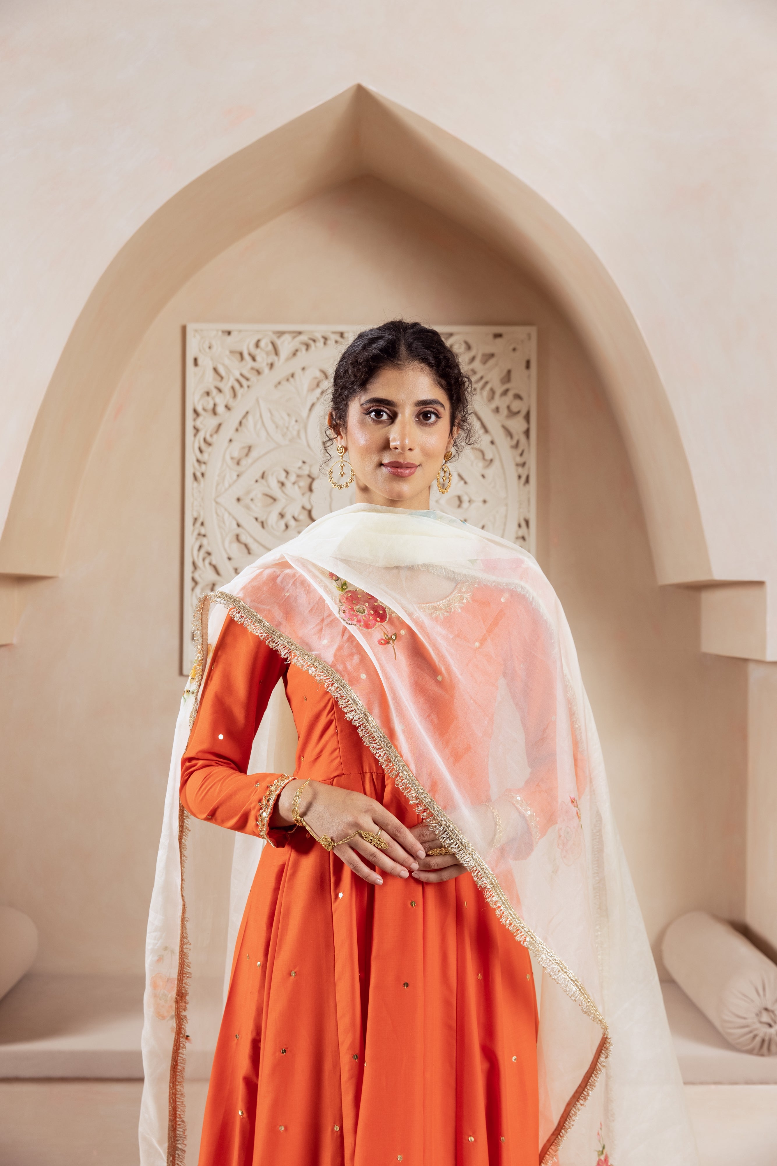 GULNAZ Orange hand painted Anarkali set