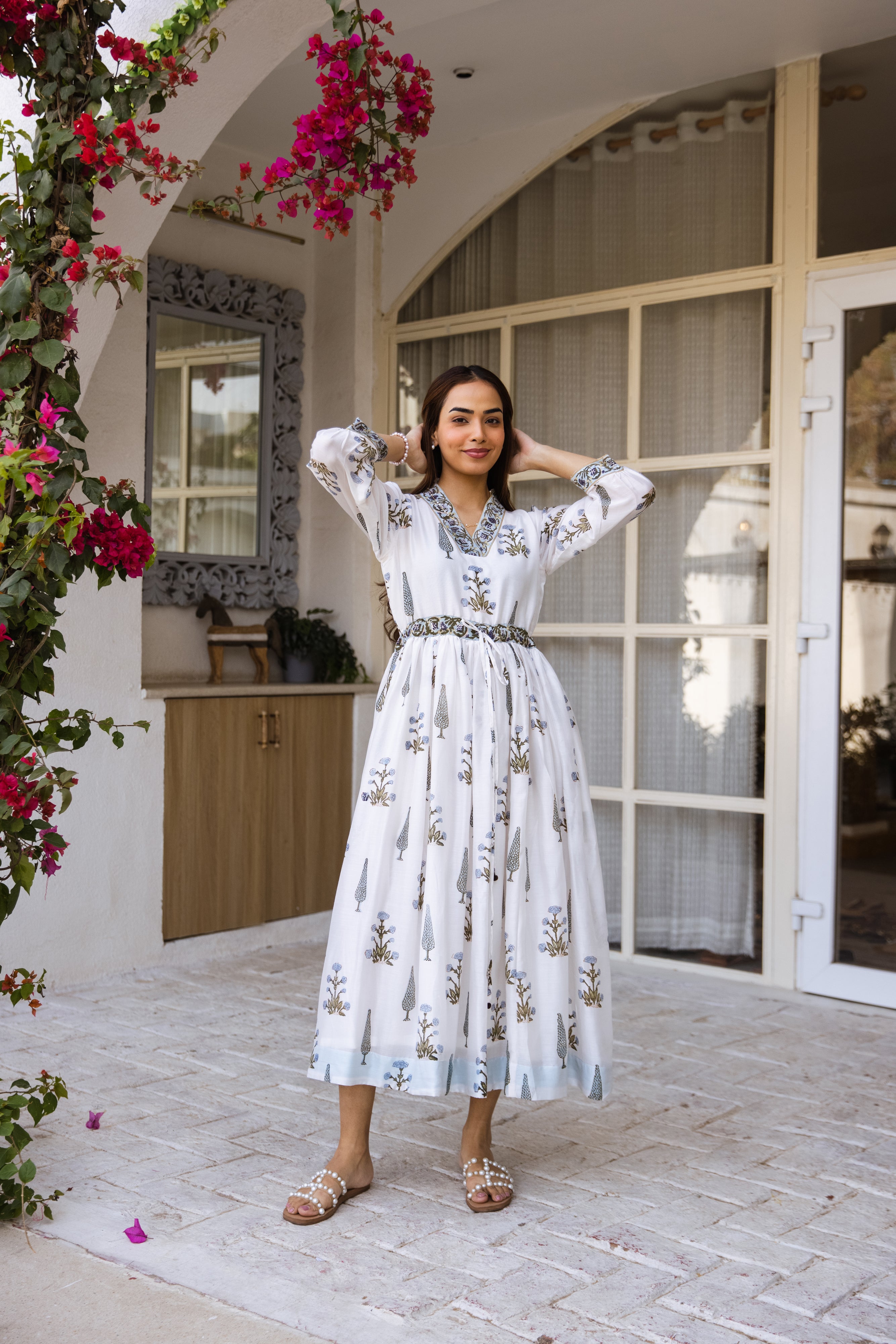 Picnic hand block print waist adjust dress