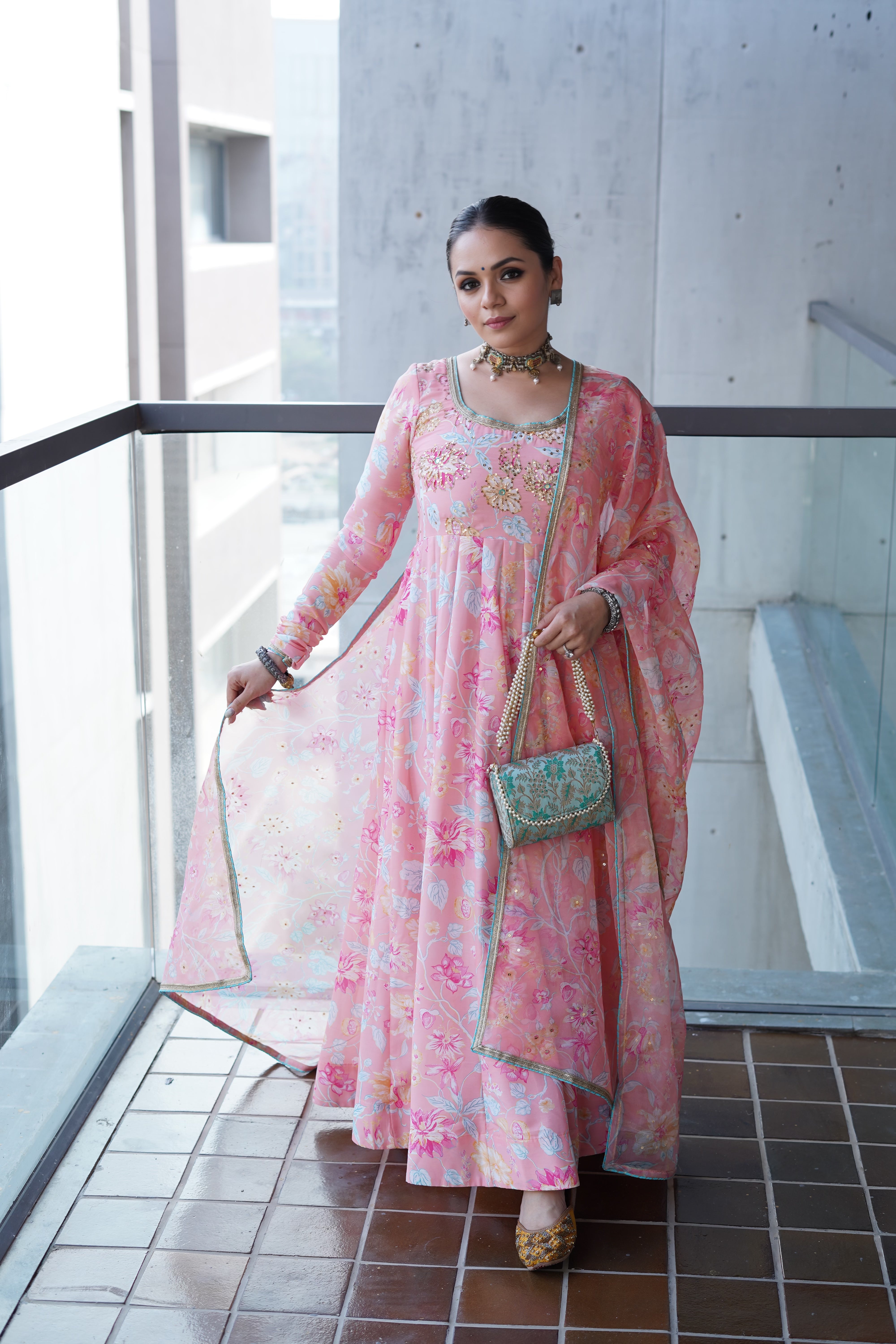 Peach floral printed anarkali set