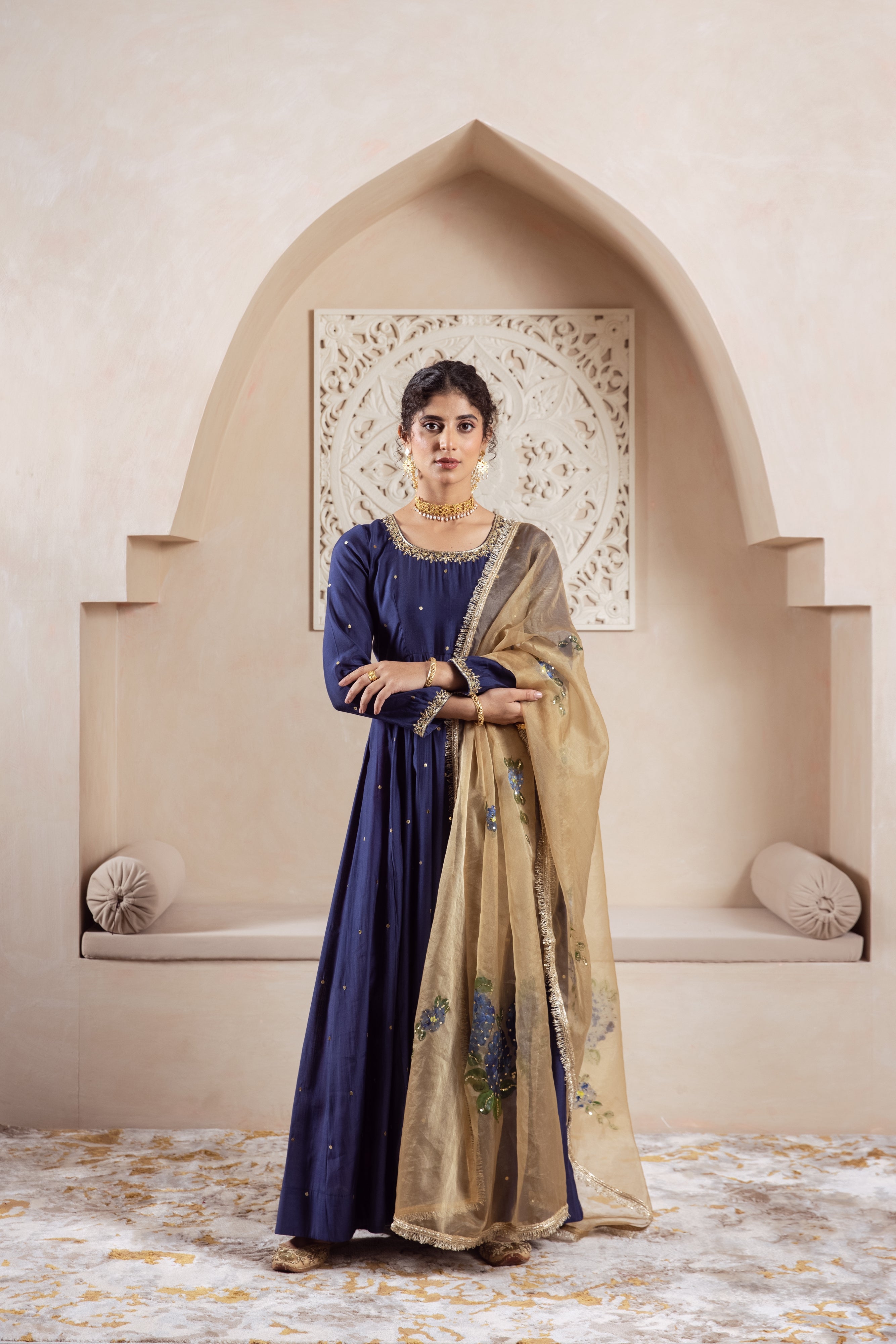 GULNAZ Navy blue hand painted Anarkali set