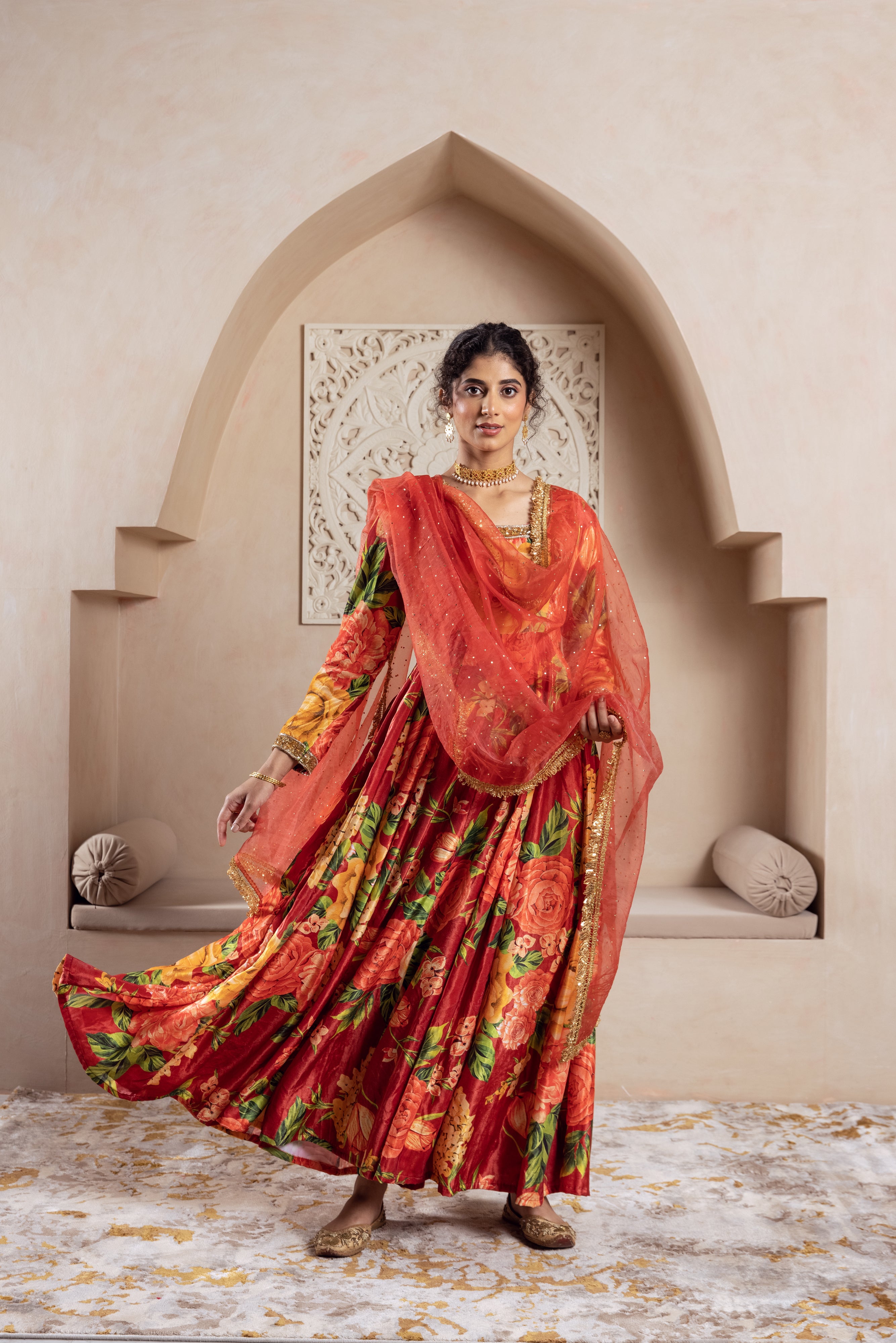 FIRGUN RED FLORAL VELVET ANARKALI SET