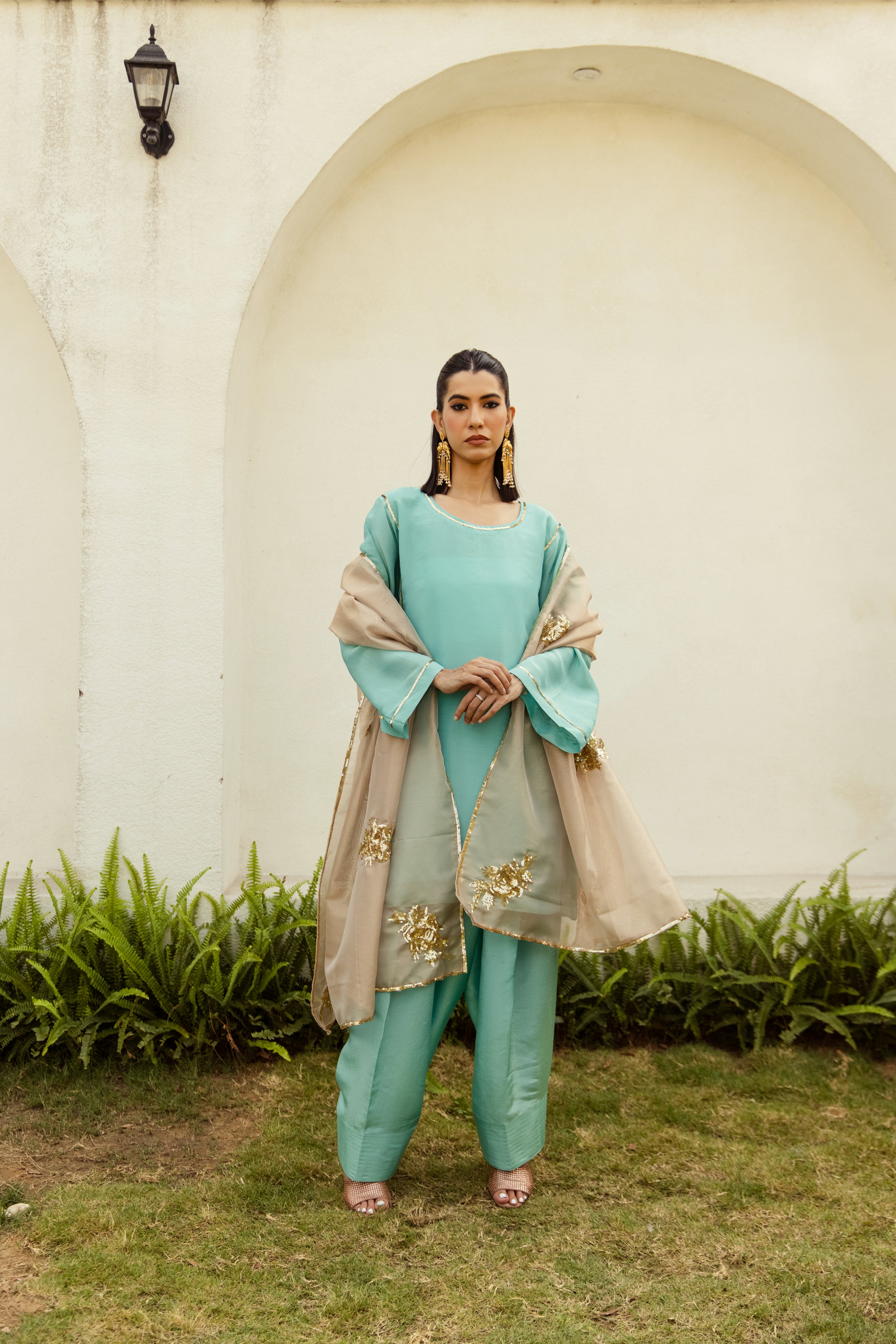 Noor Farshi Salwar turquoise  Set - Golden