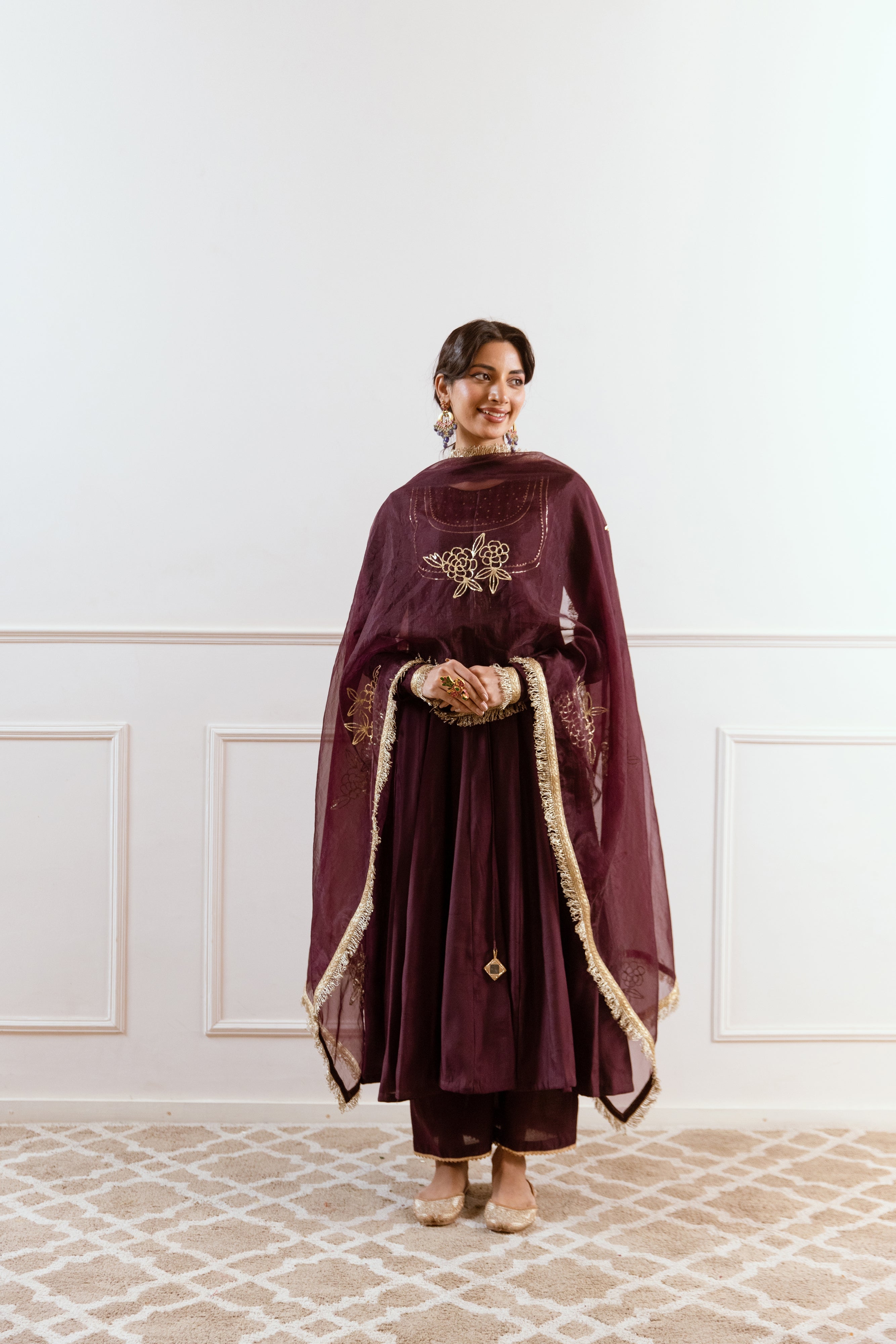 Salma Sitara Pitta work Anarkali set- Plum