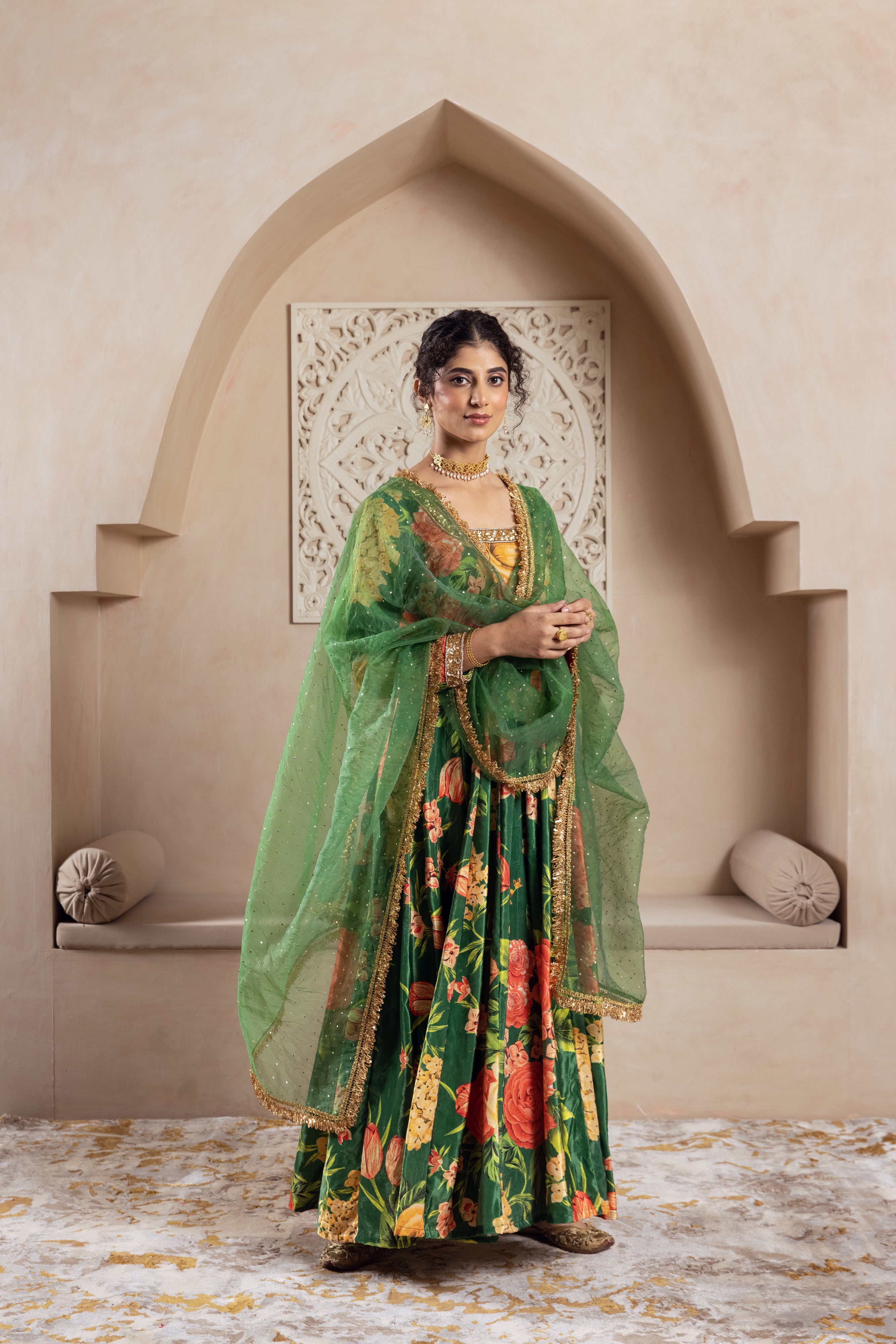 FIRGUN GREEN FLORAL VELVET ANARKALI SET