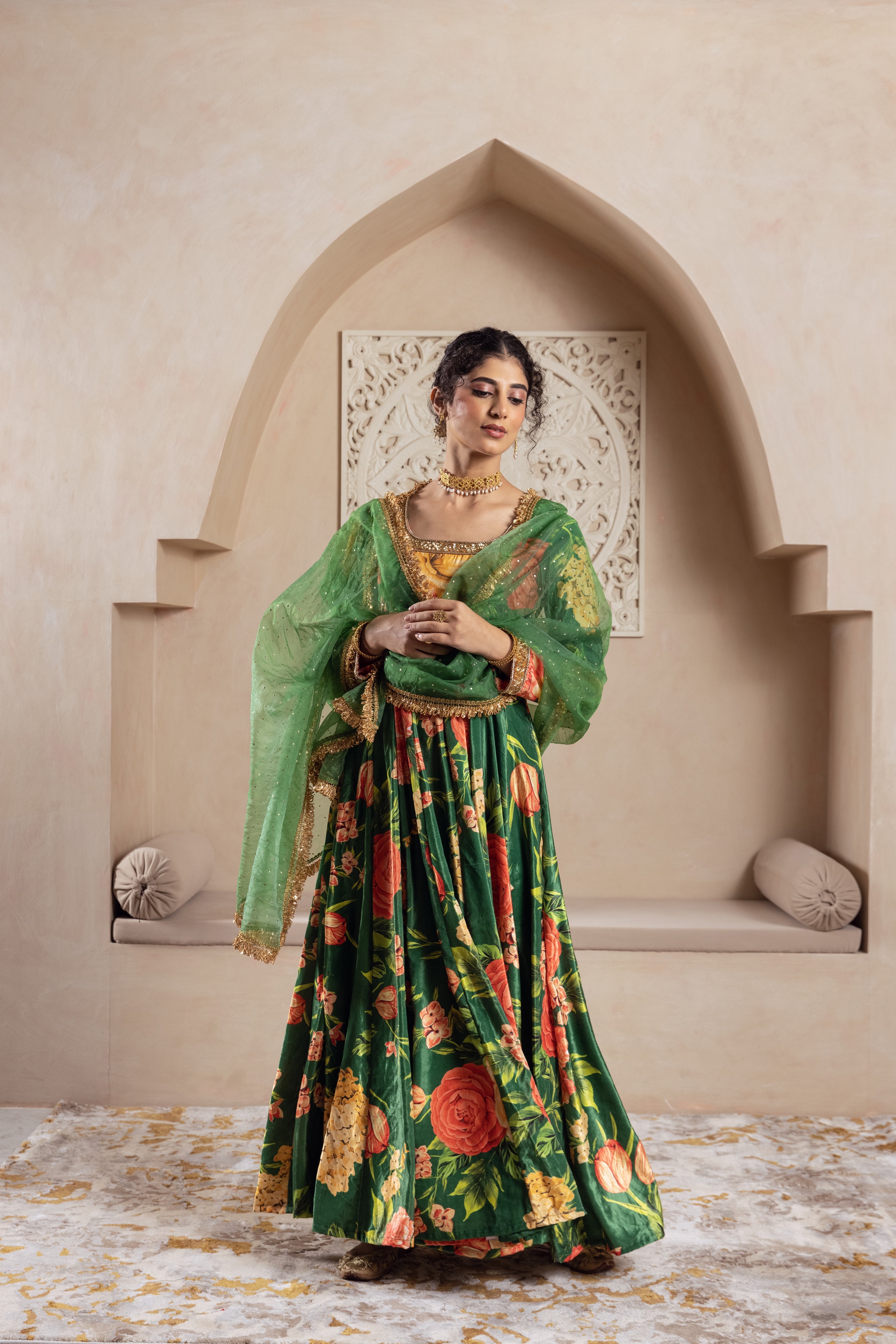 FIRGUN GREEN FLORAL VELVET ANARKALI SET