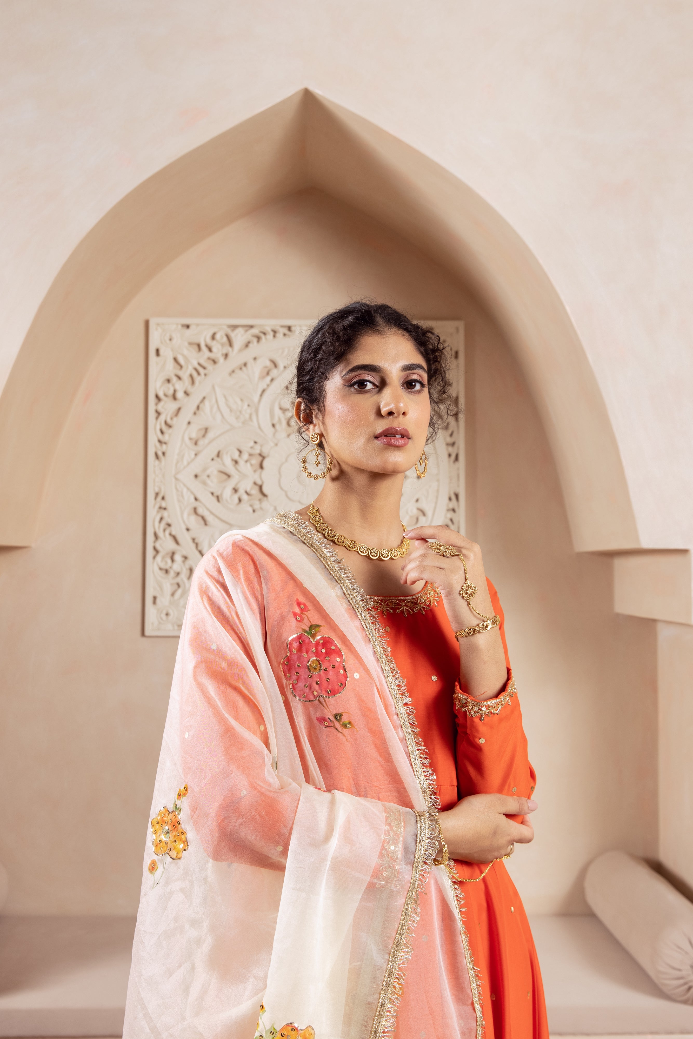 GULNAZ Orange hand painted Anarkali set