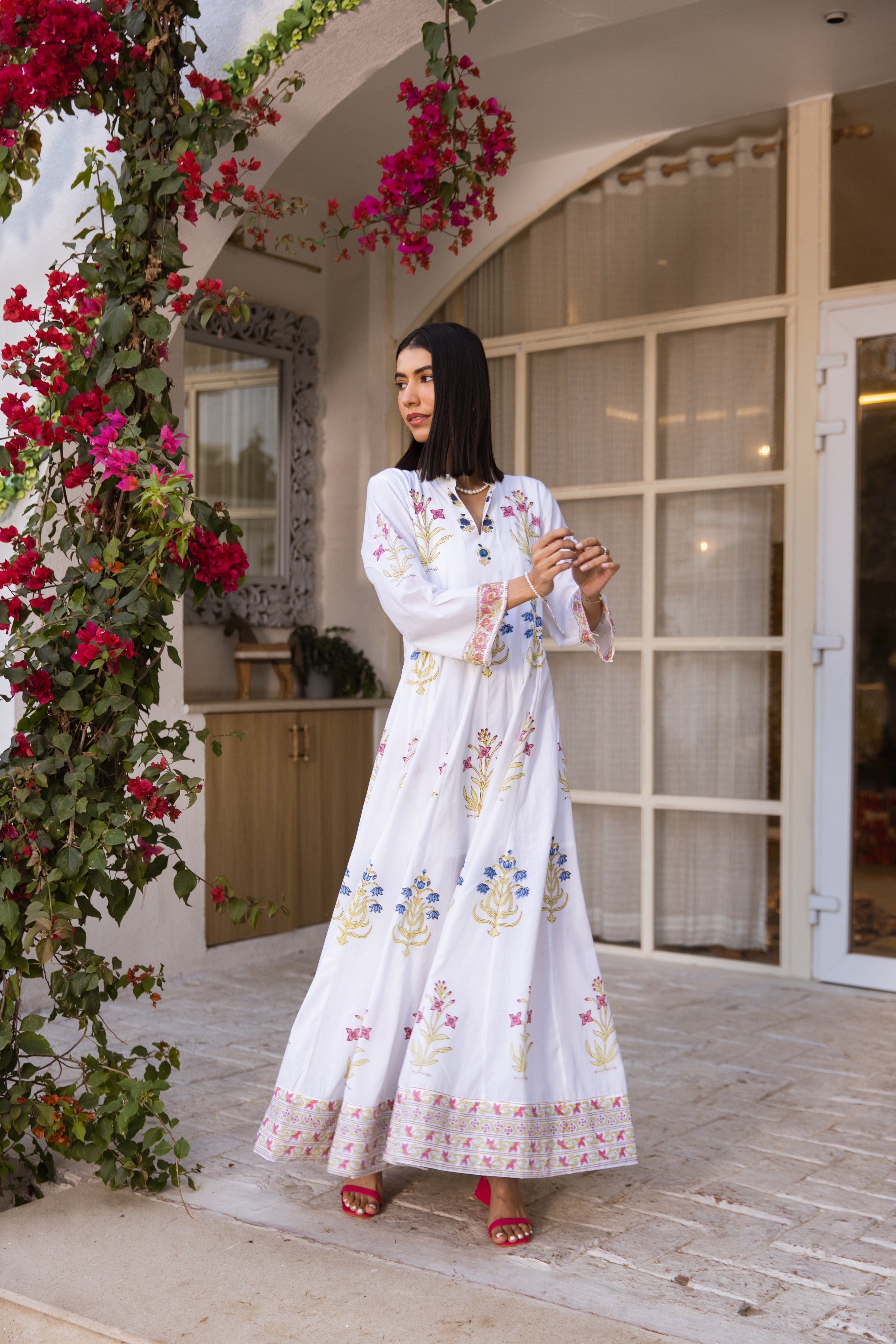 Picnic Multicoloured Handblock Kalidar Dress