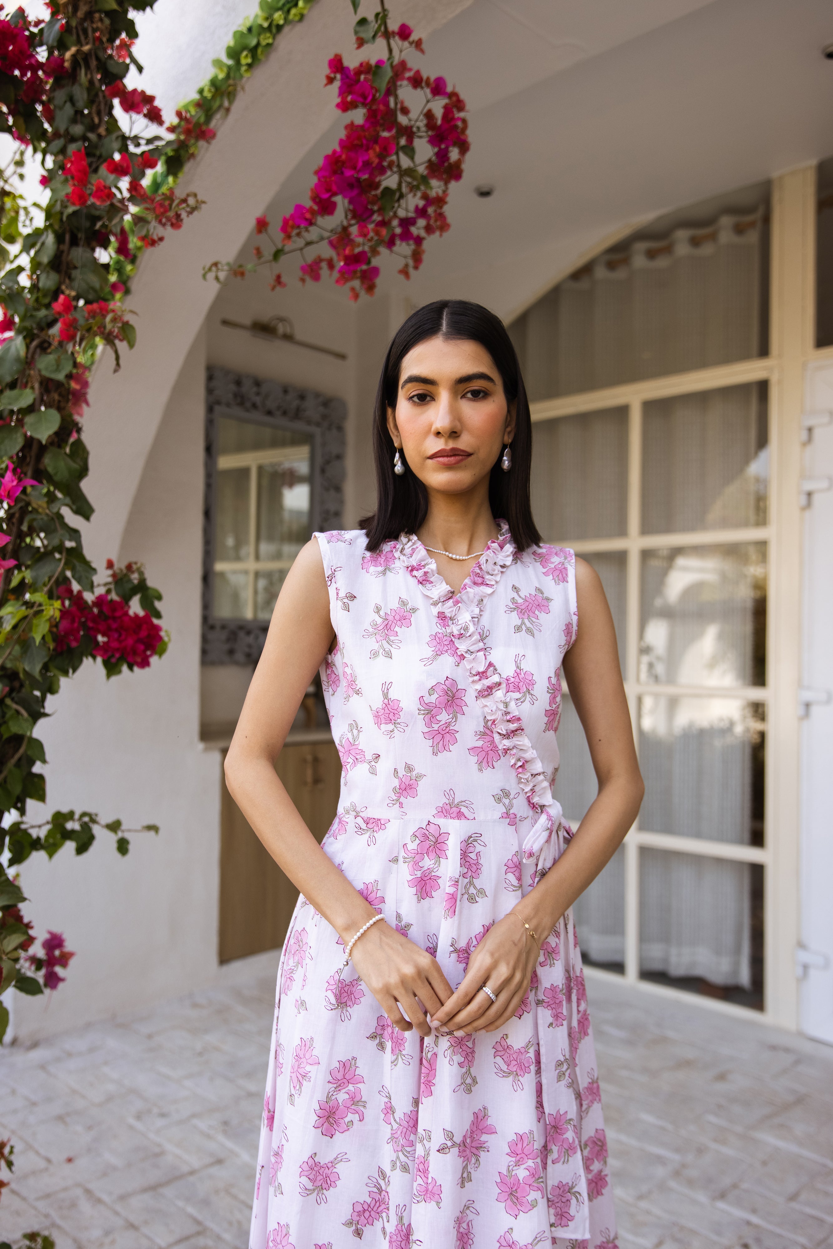 Picnic Pink floral hand block wrap around dress