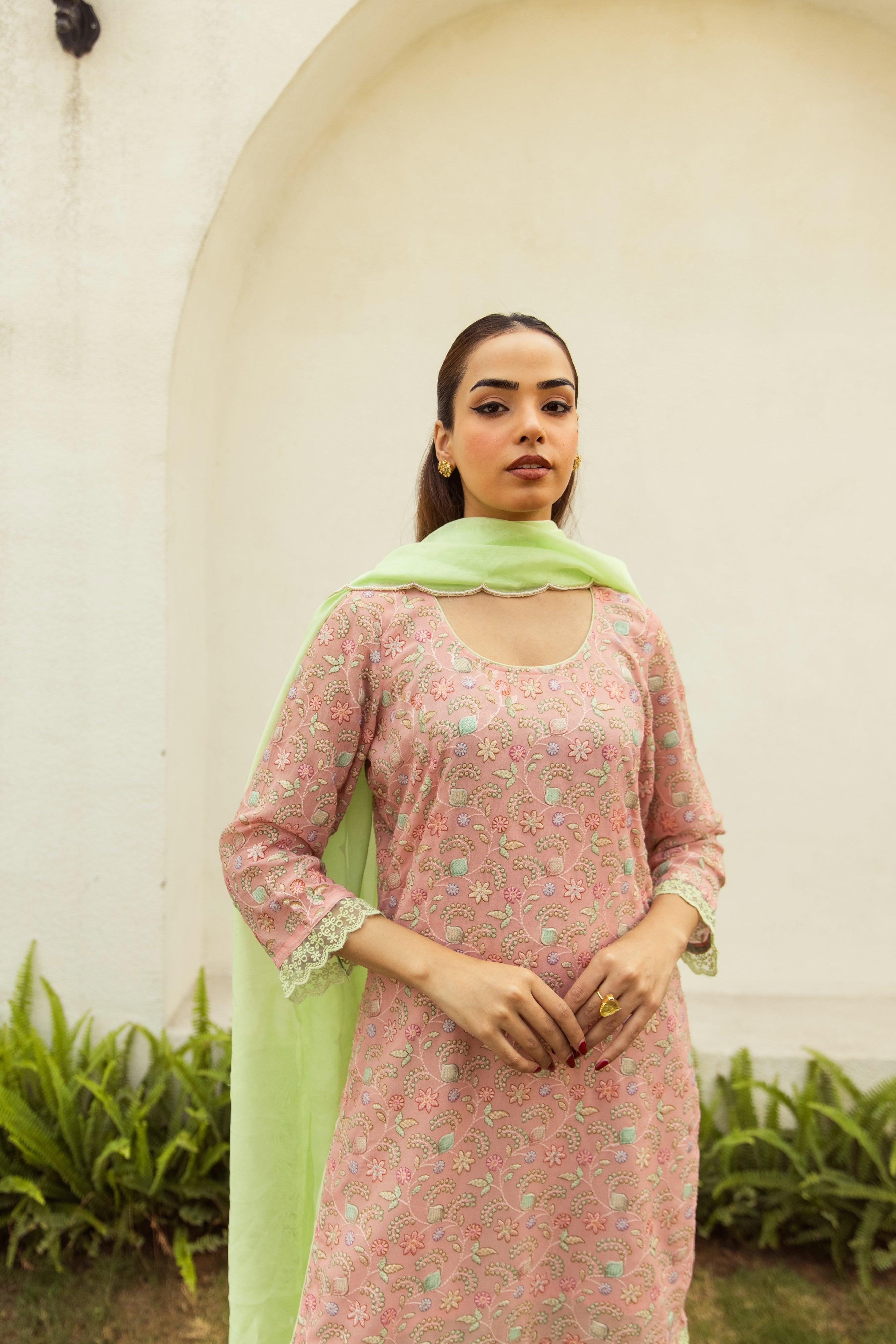 Noor Peach embroidered set