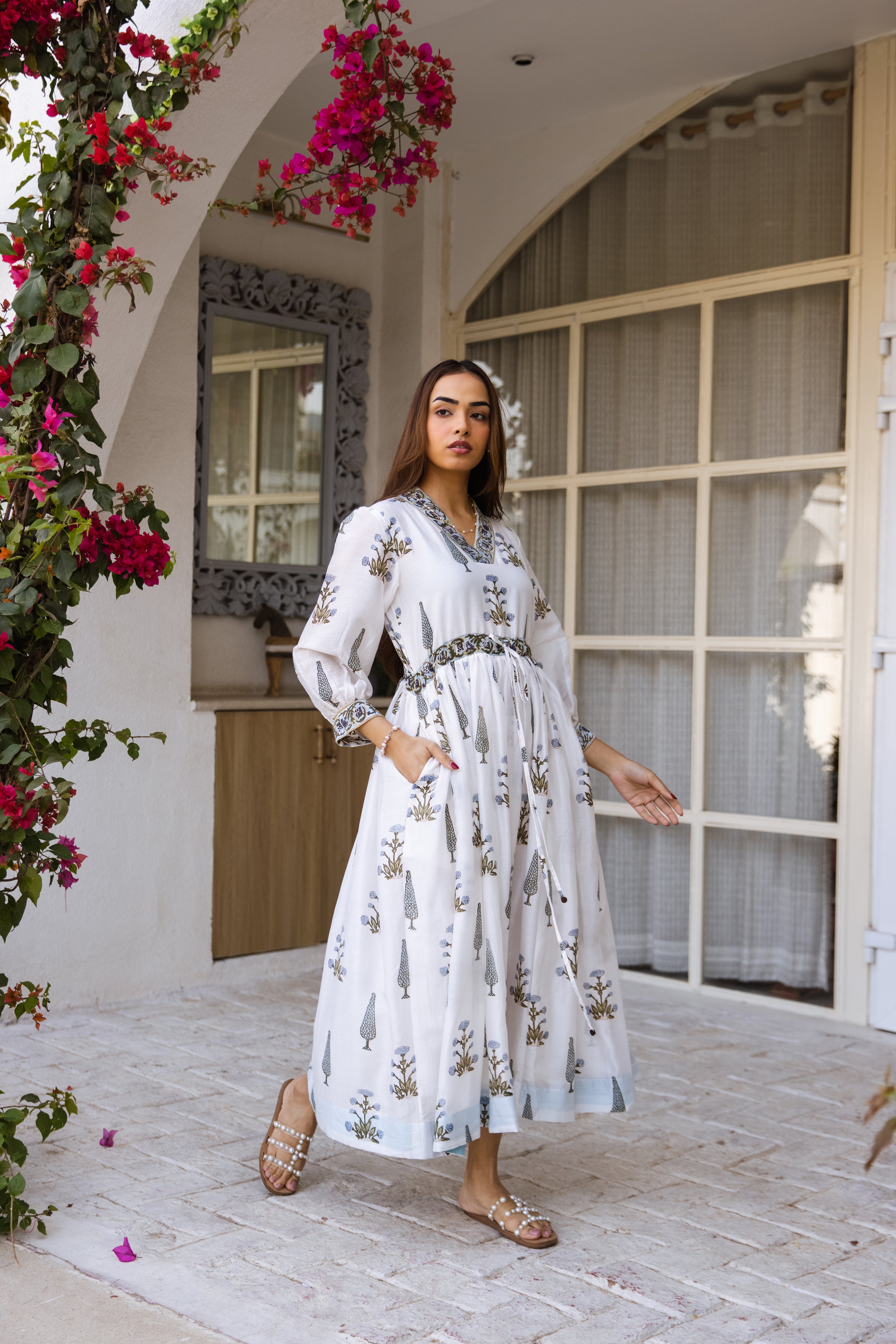 Picnic hand block print waist adjust dress