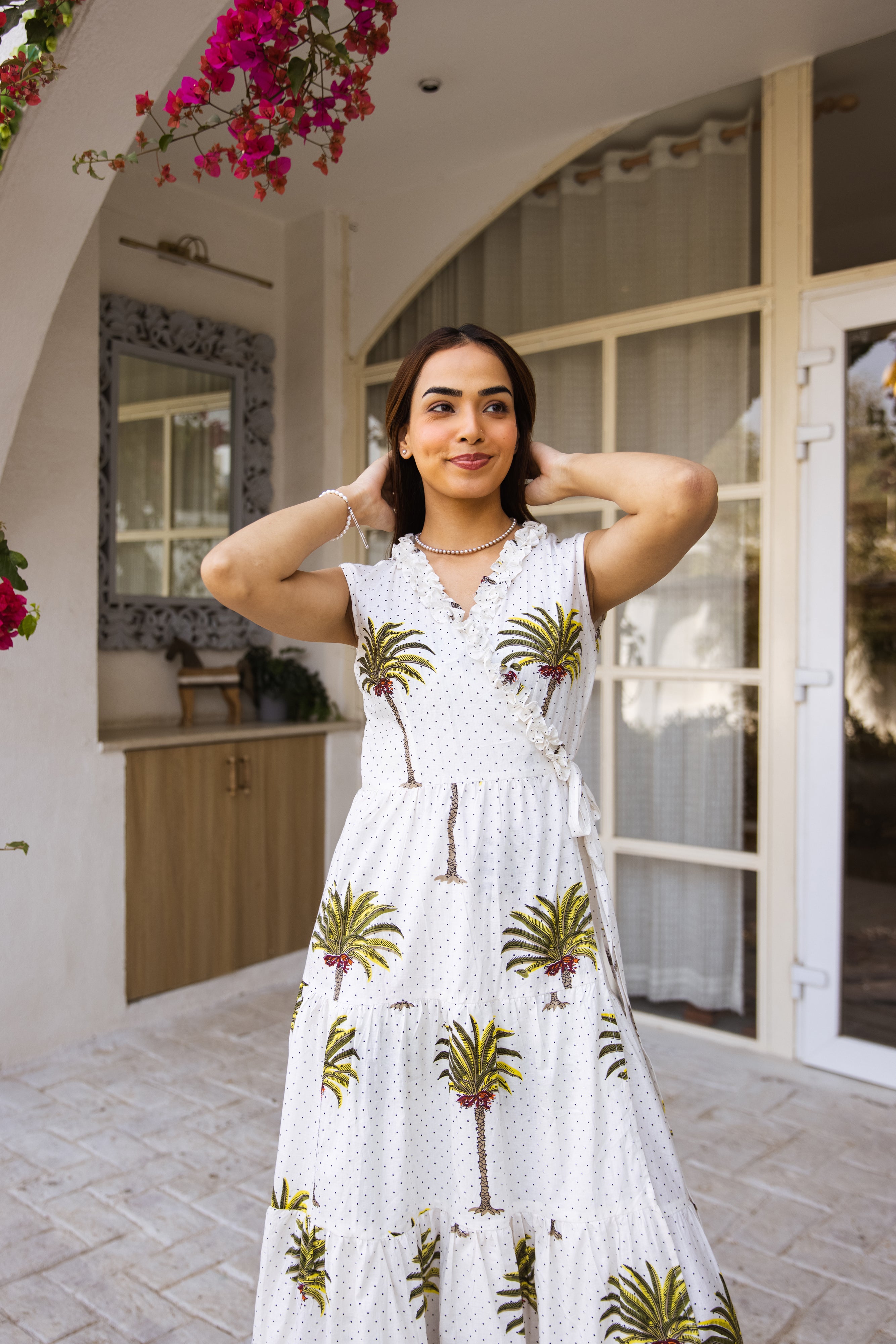 Picnic Palm tree hand block wrap around dress