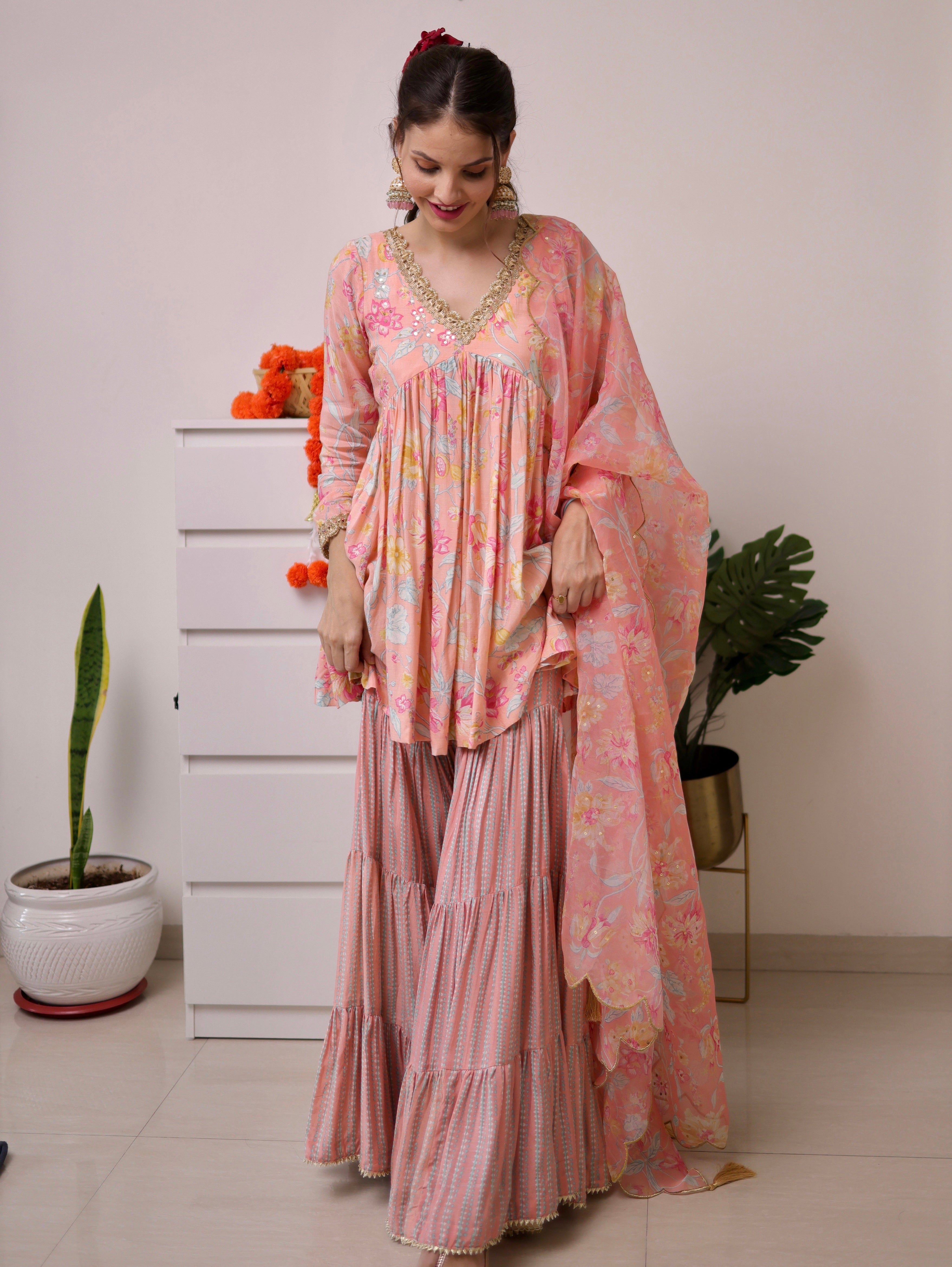 Peach floral Gharara Set