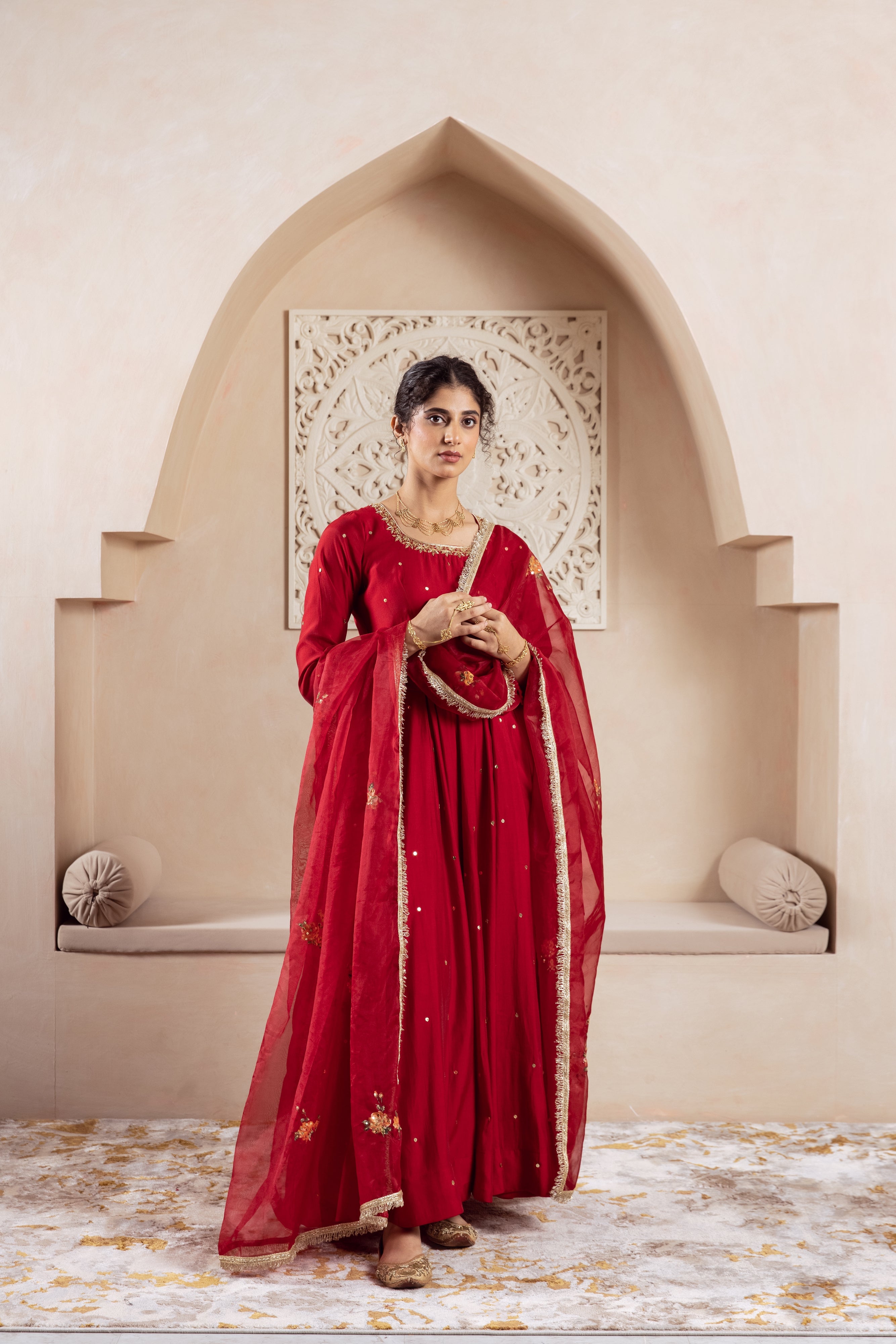 GULNAZ Maroon rose hand painted Anarkali set