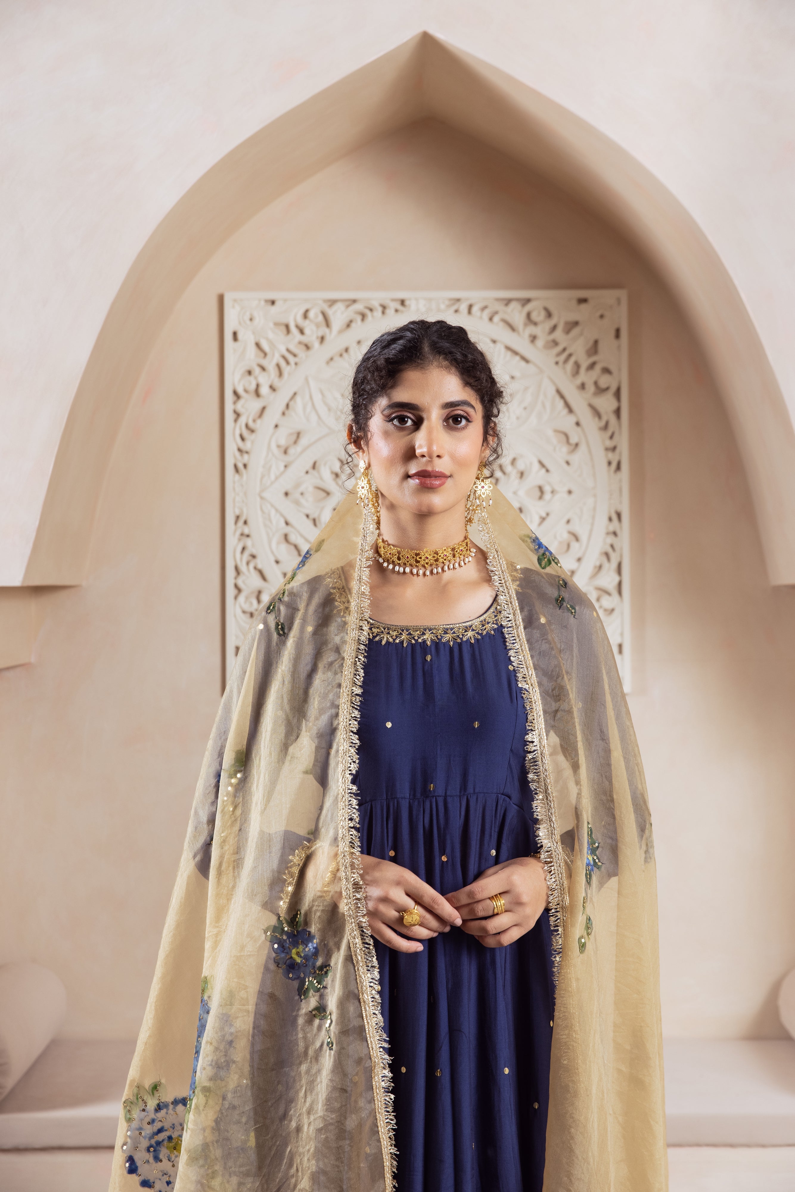 GULNAZ Navy blue hand painted Anarkali set