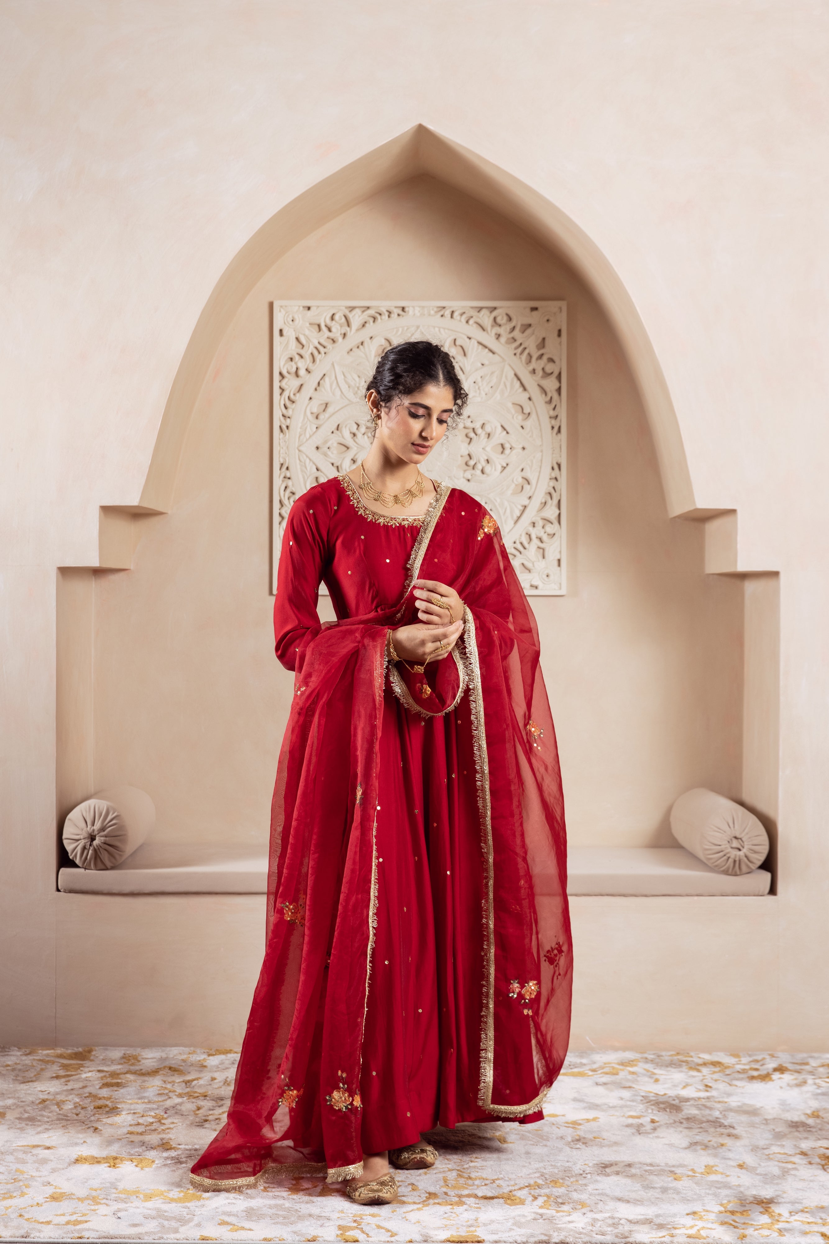 GULNAZ Maroon rose hand painted Anarkali set