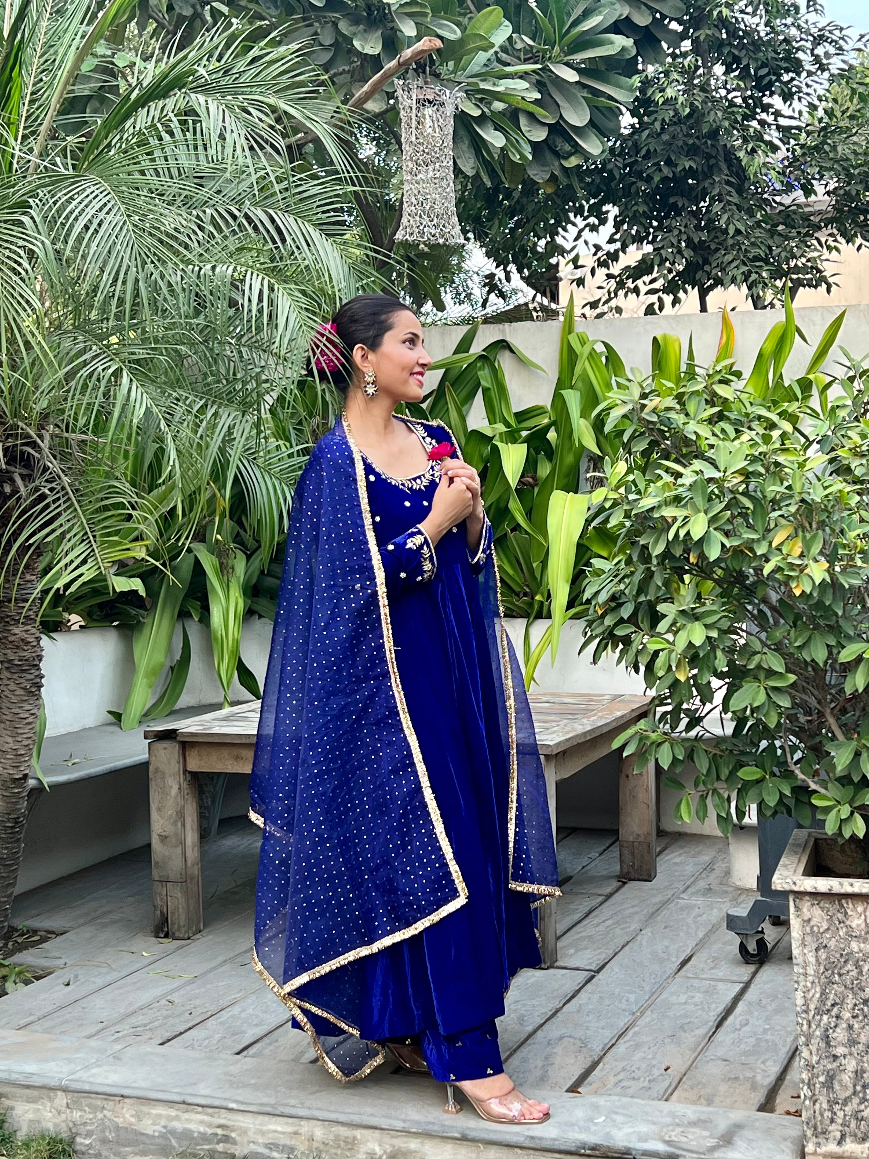 Royal Blue Velvet Anarkali set
