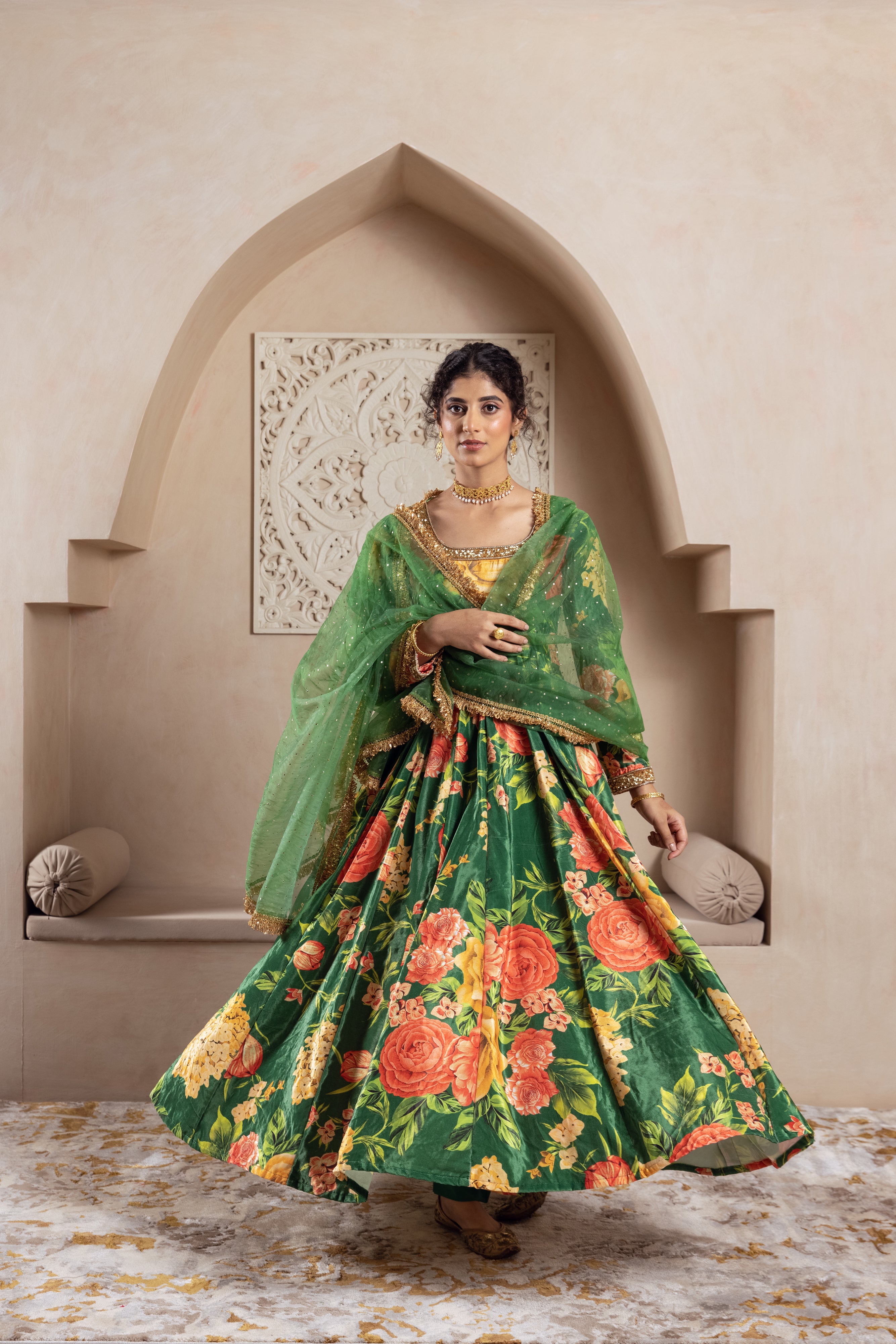 FIRGUN GREEN FLORAL VELVET ANARKALI SET