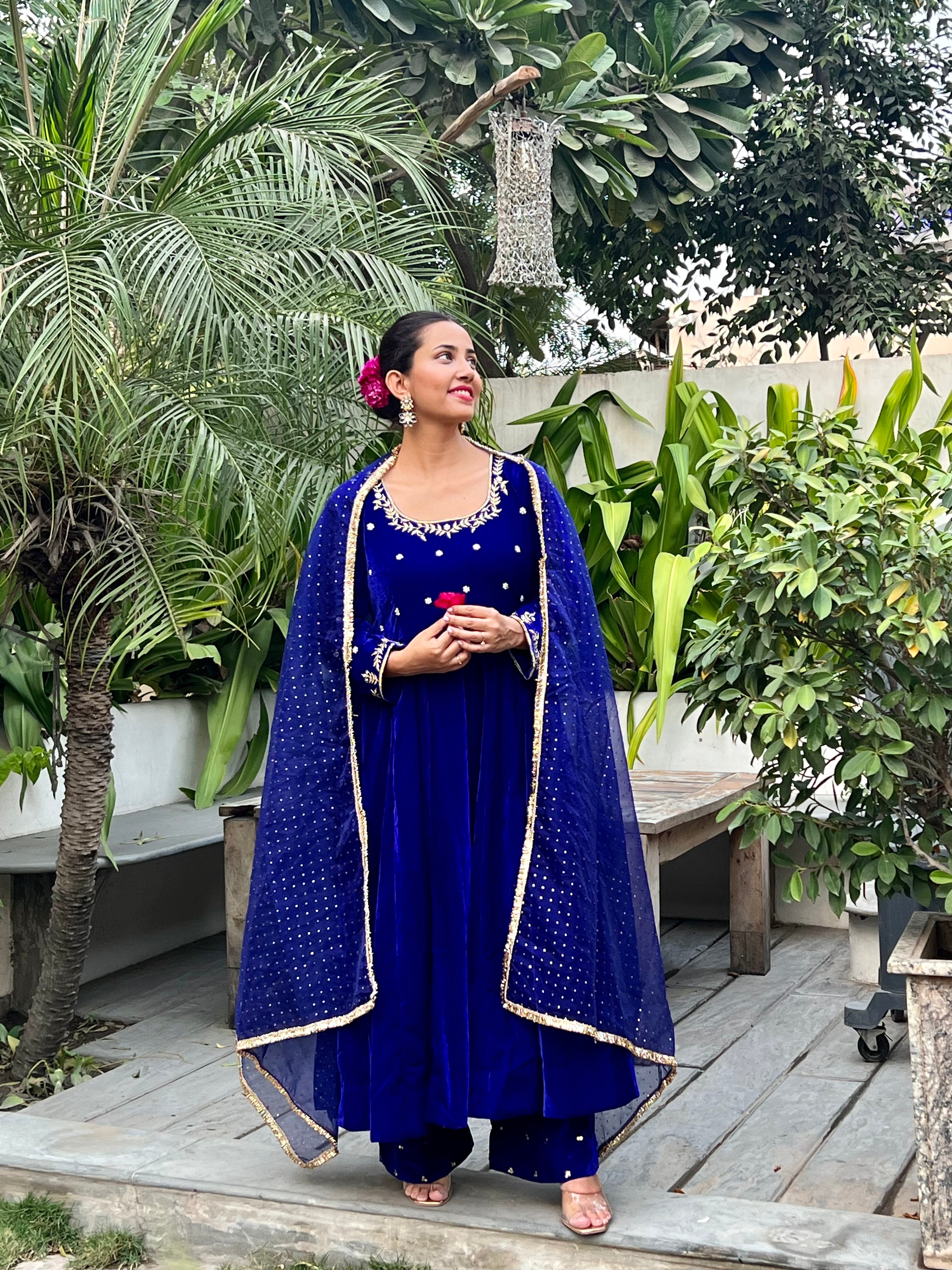 Royal Blue Velvet Anarkali set