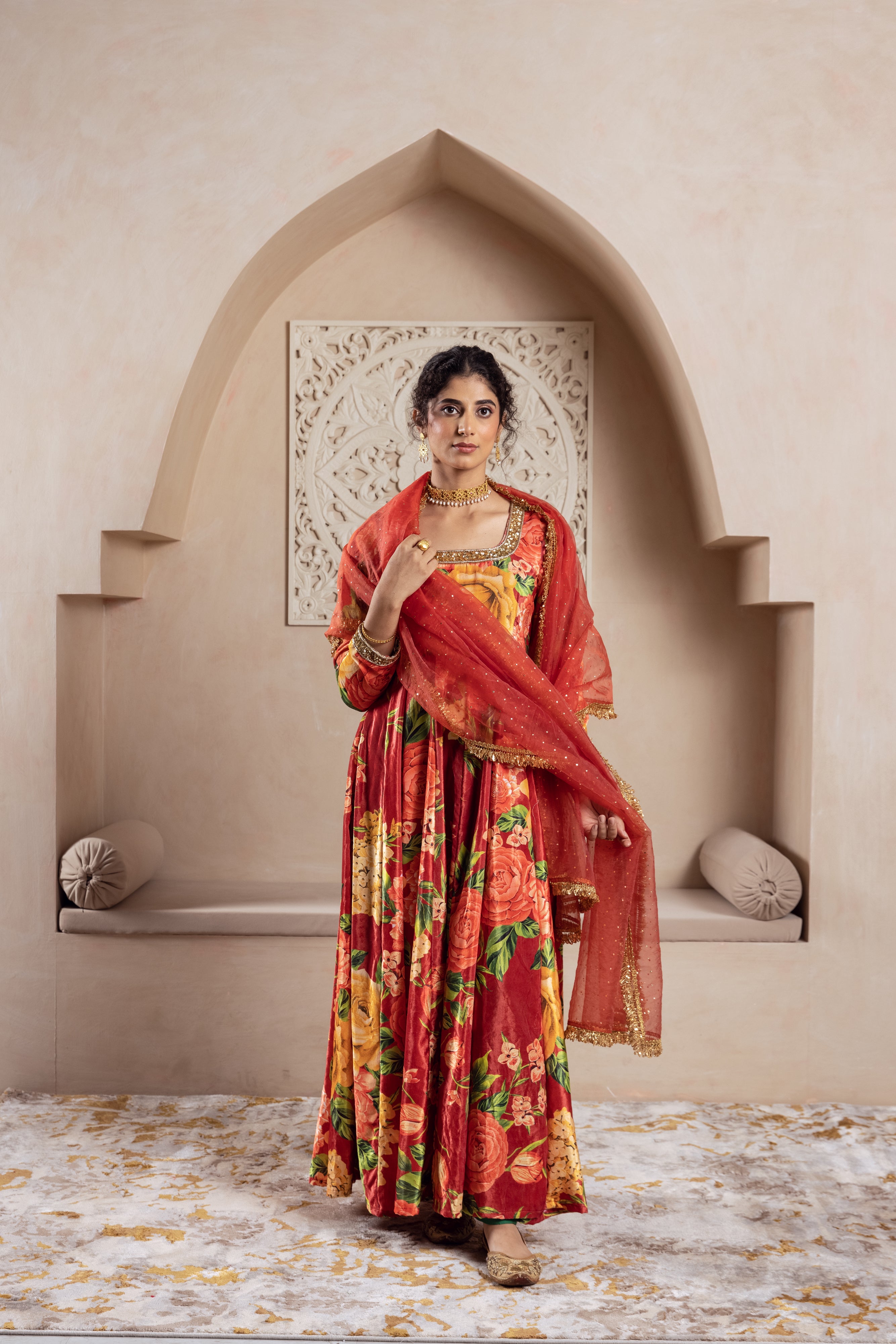 FIRGUN RED FLORAL VELVET ANARKALI SET