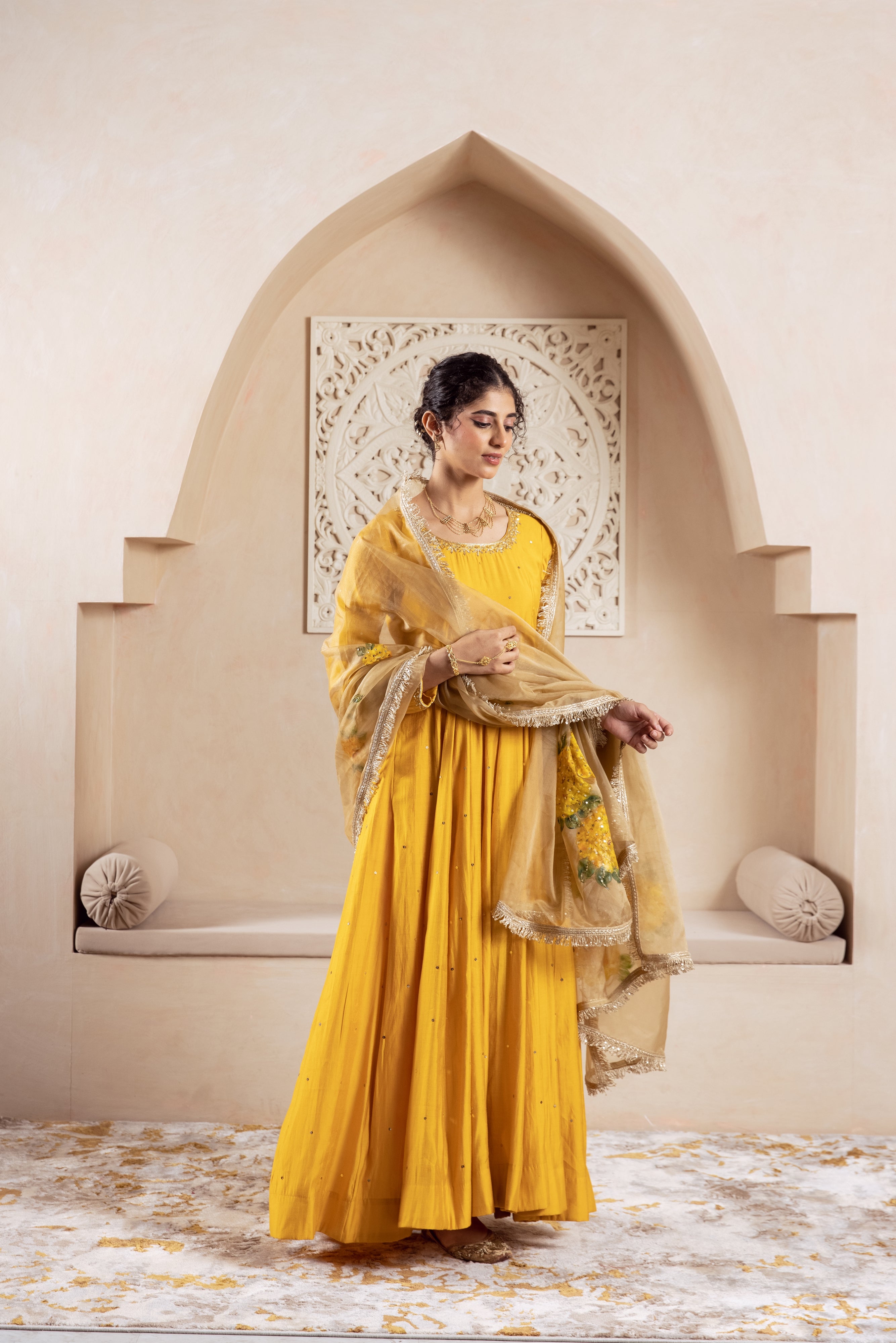 GULNAZ Mustard yellow hand painted Anarkali set