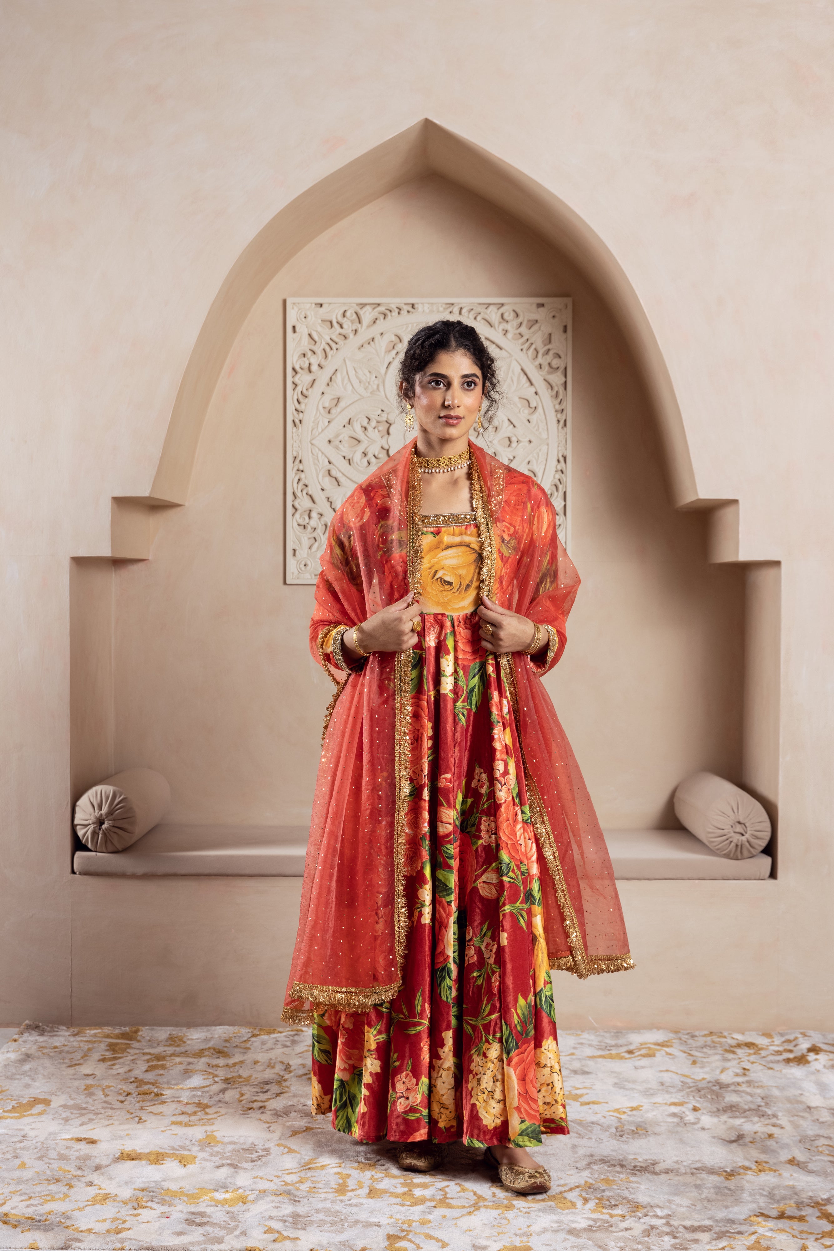 FIRGUN RED FLORAL VELVET ANARKALI SET