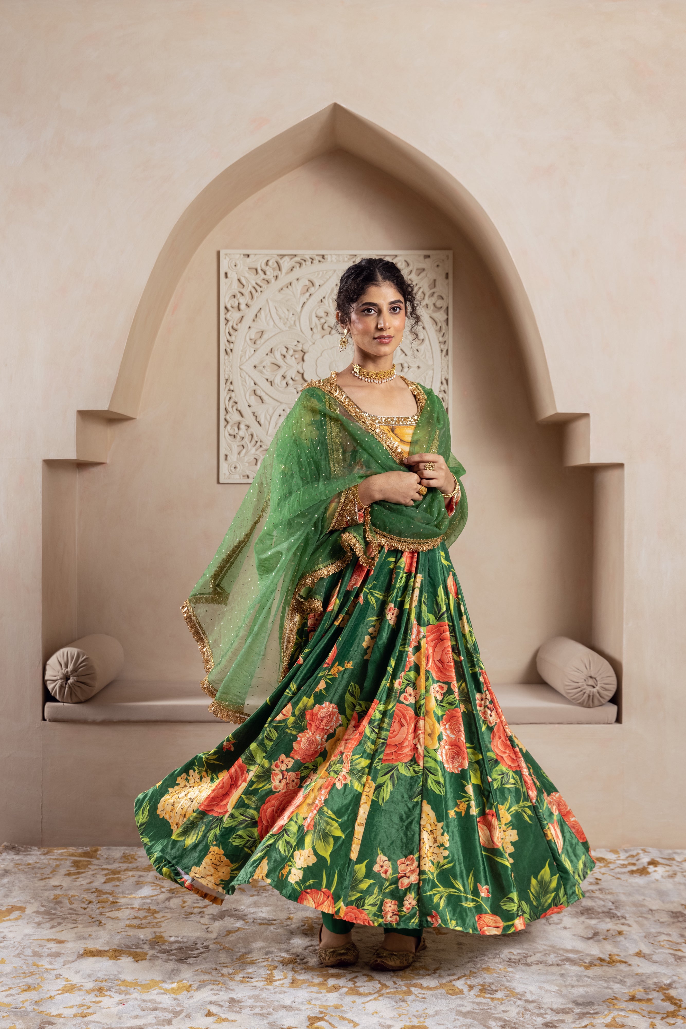 FIRGUN GREEN FLORAL VELVET ANARKALI SET