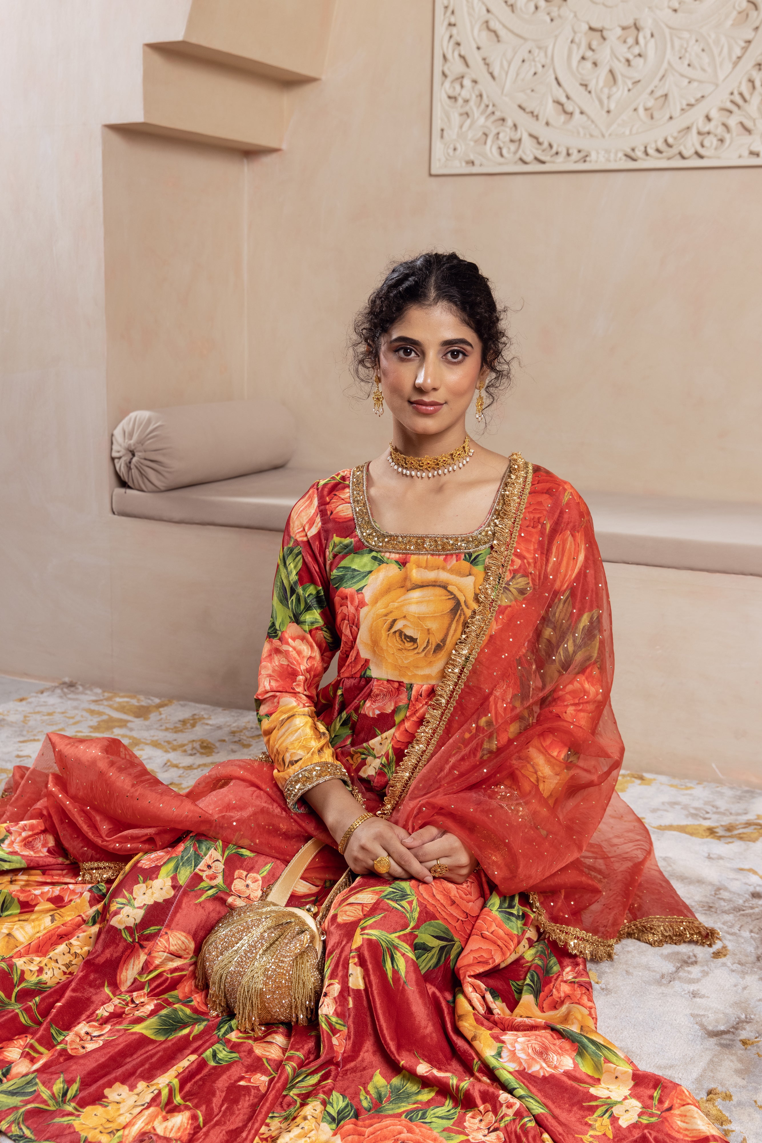 FIRGUN RED FLORAL VELVET ANARKALI SET