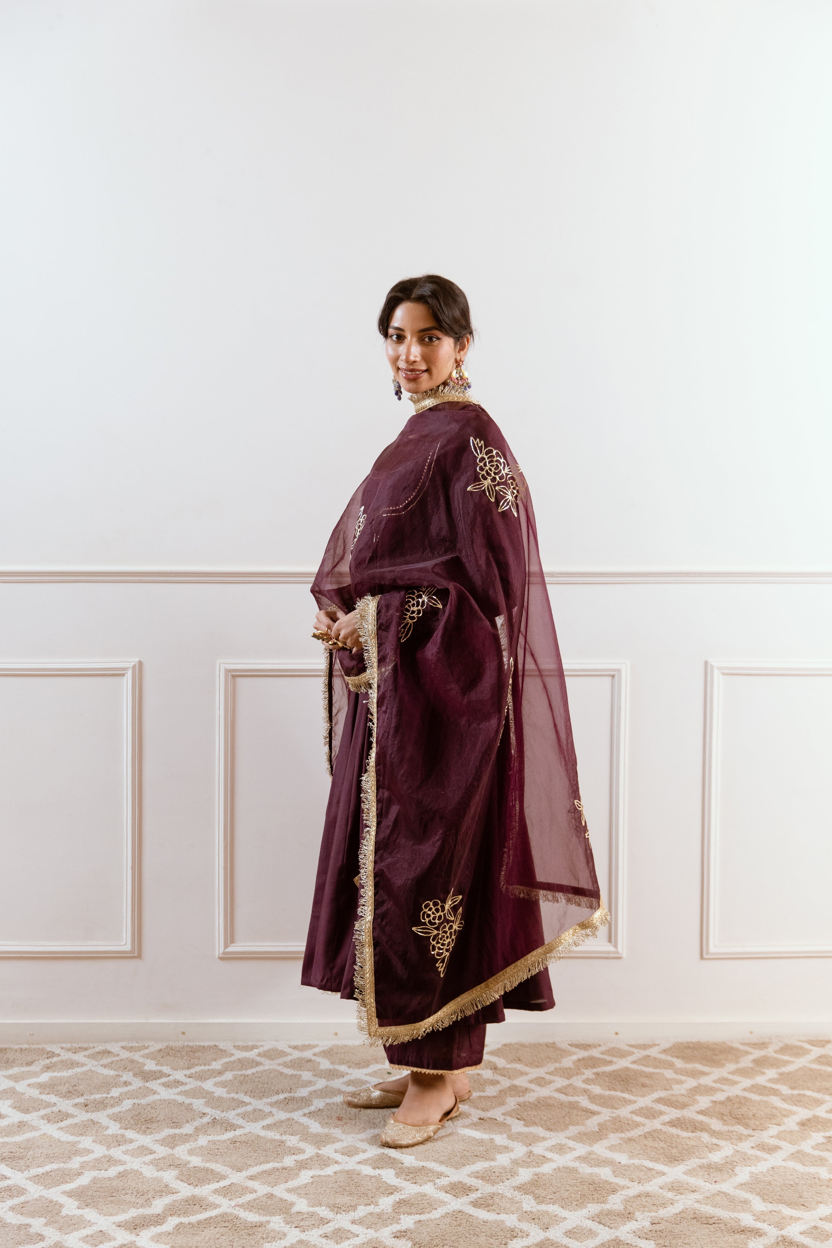 Salma Sitara Pitta work Anarkali set- Plum