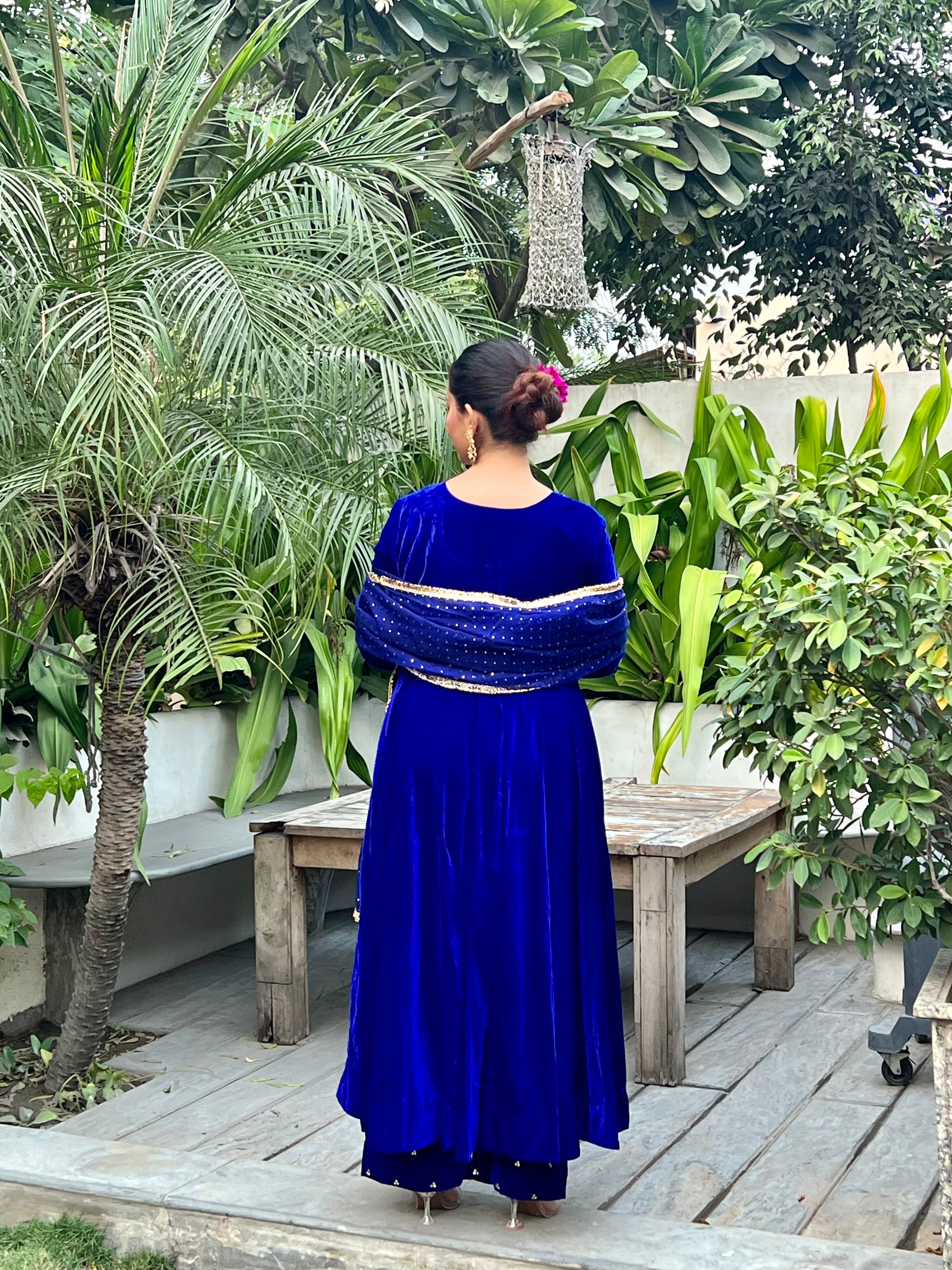 Royal Blue Velvet Anarkali set