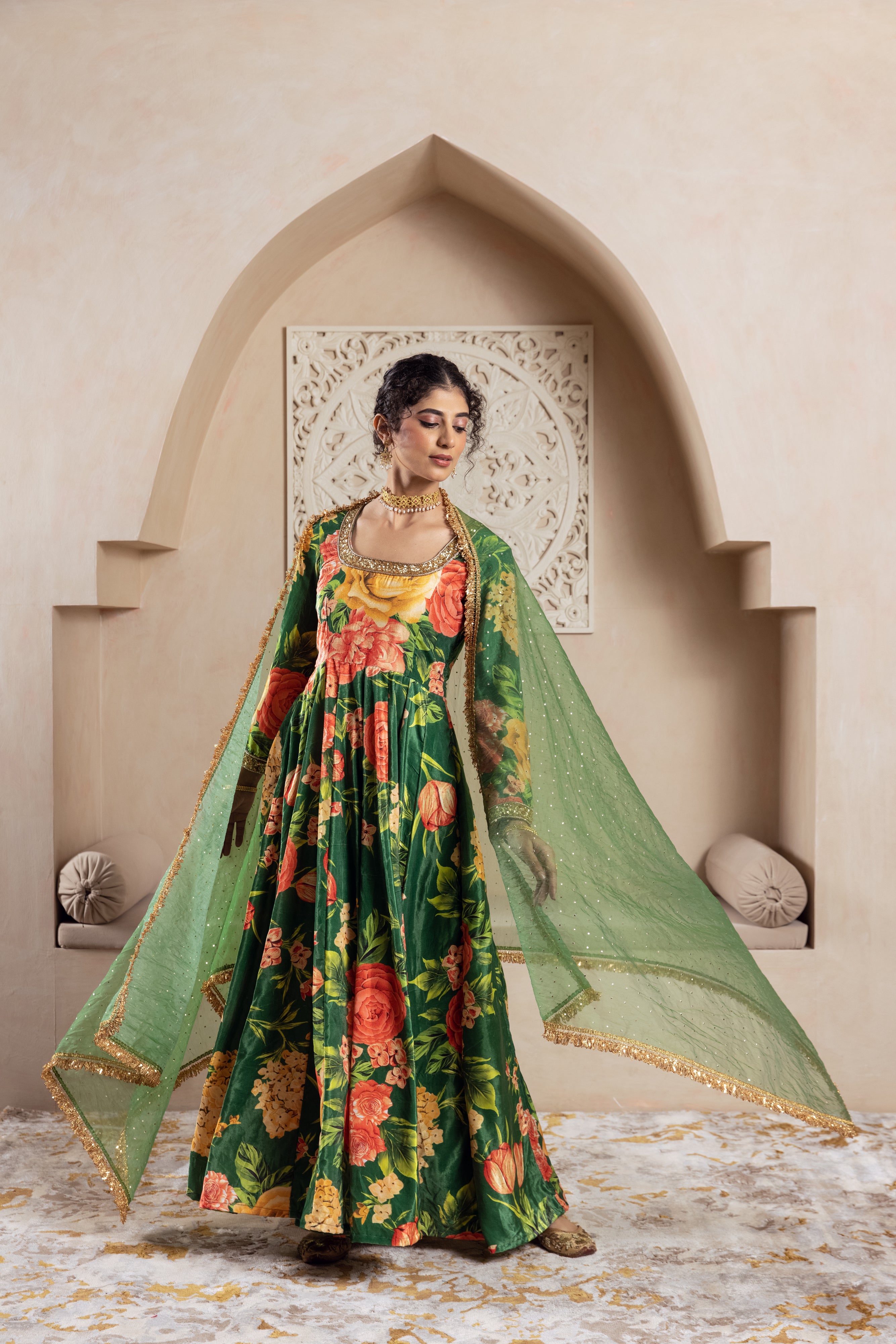 FIRGUN GREEN FLORAL VELVET ANARKALI SET