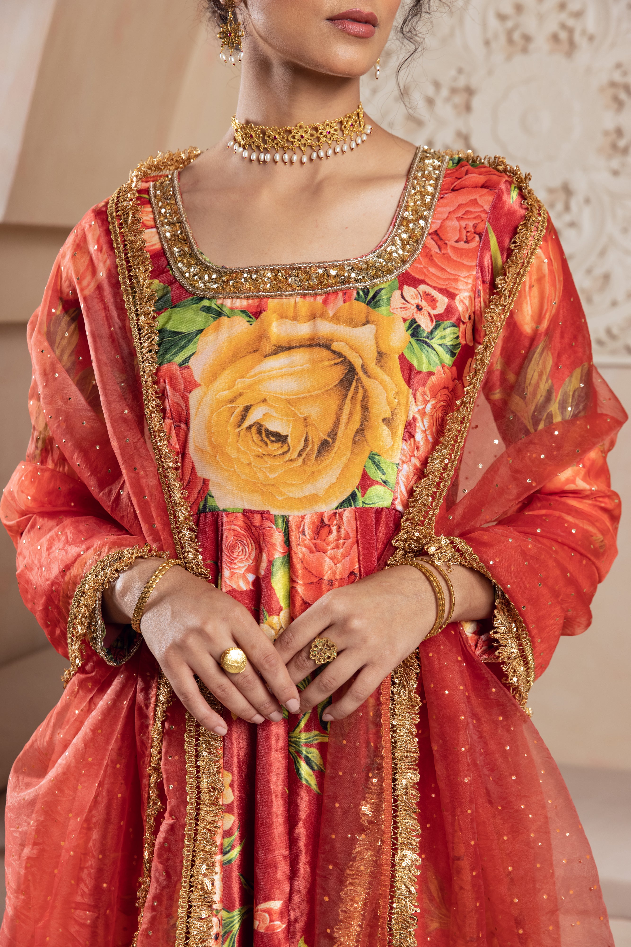 FIRGUN RED FLORAL VELVET ANARKALI SET