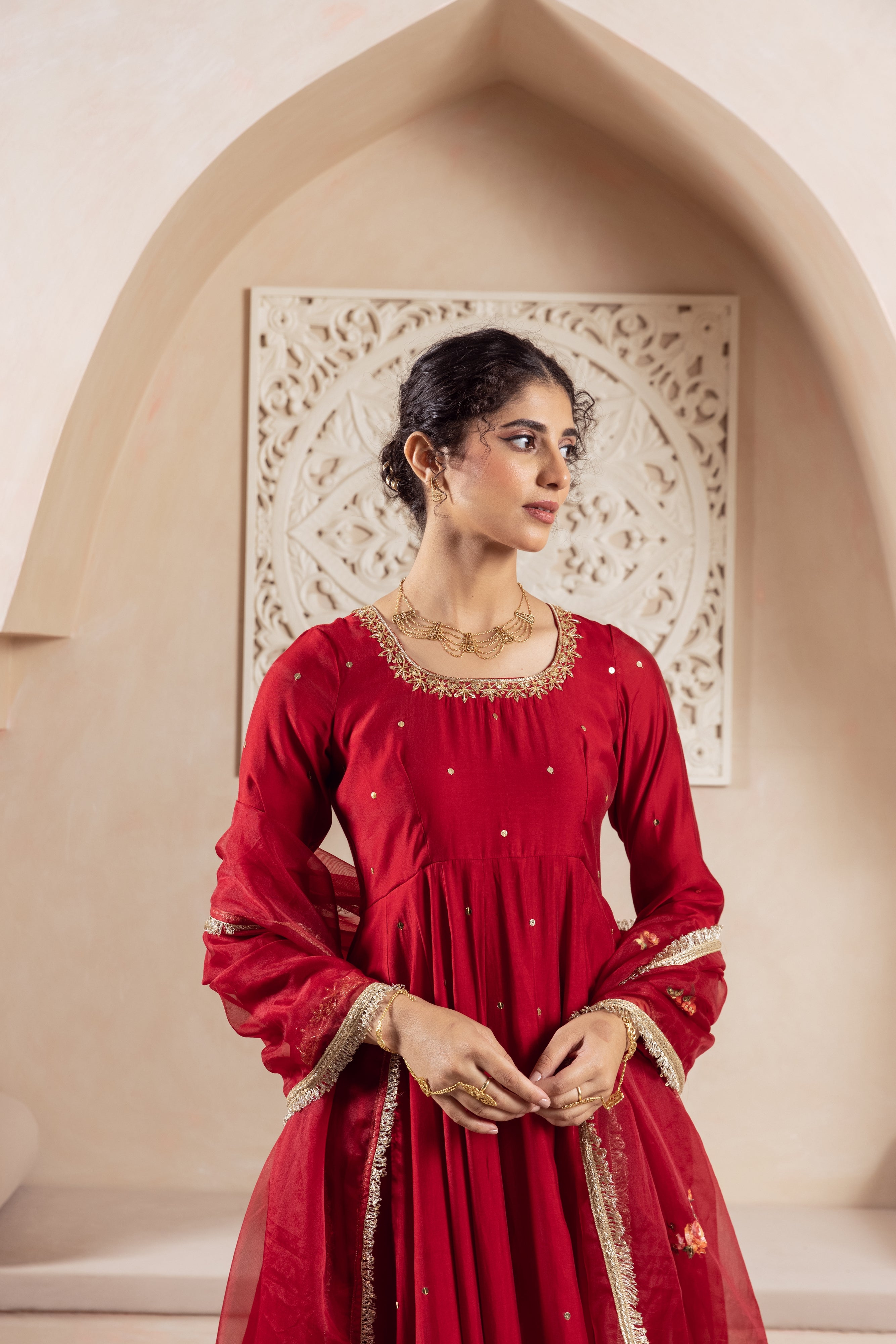 GULNAZ Maroon rose hand painted Anarkali set