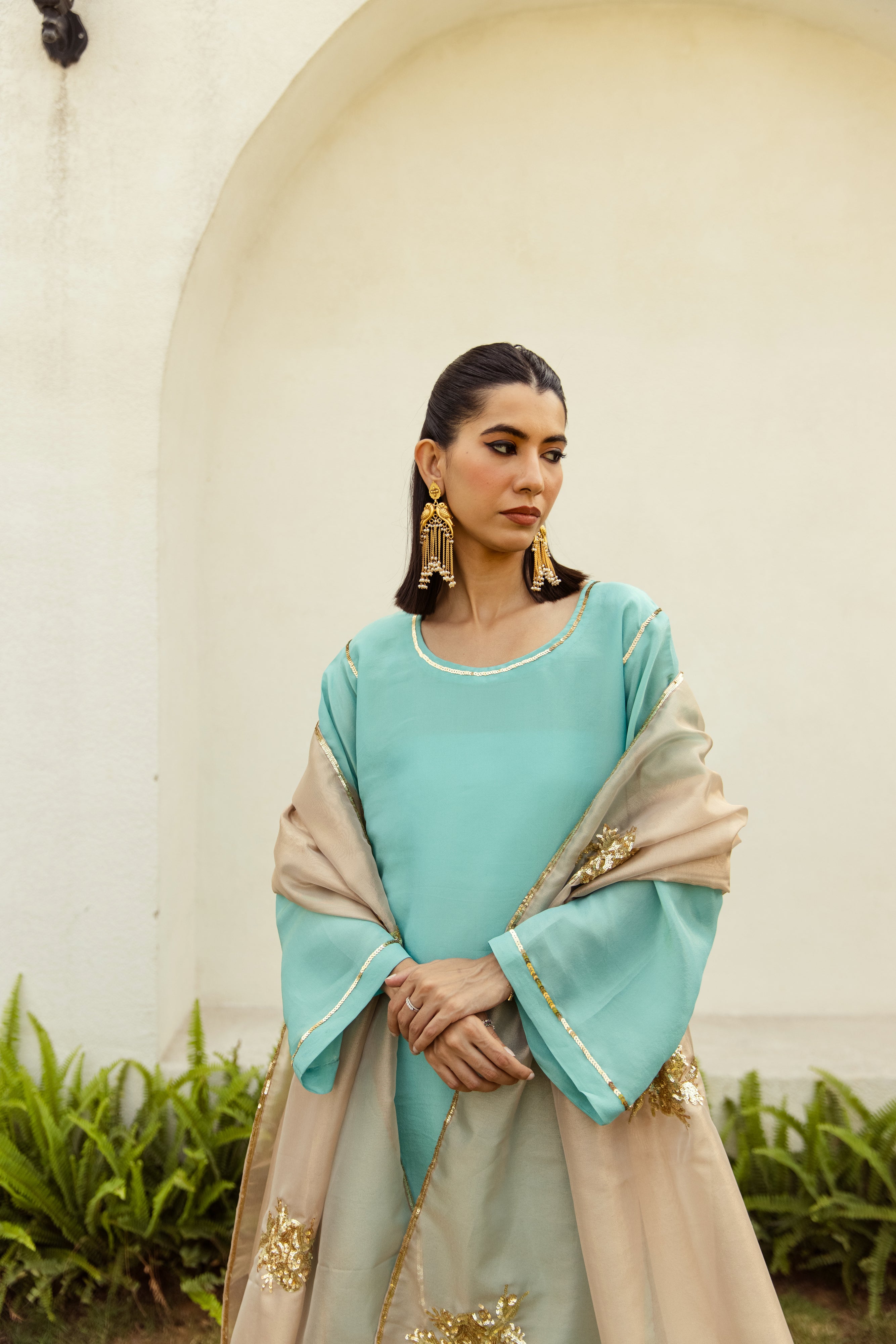 Noor Farshi Salwar turquoise  Set - Golden