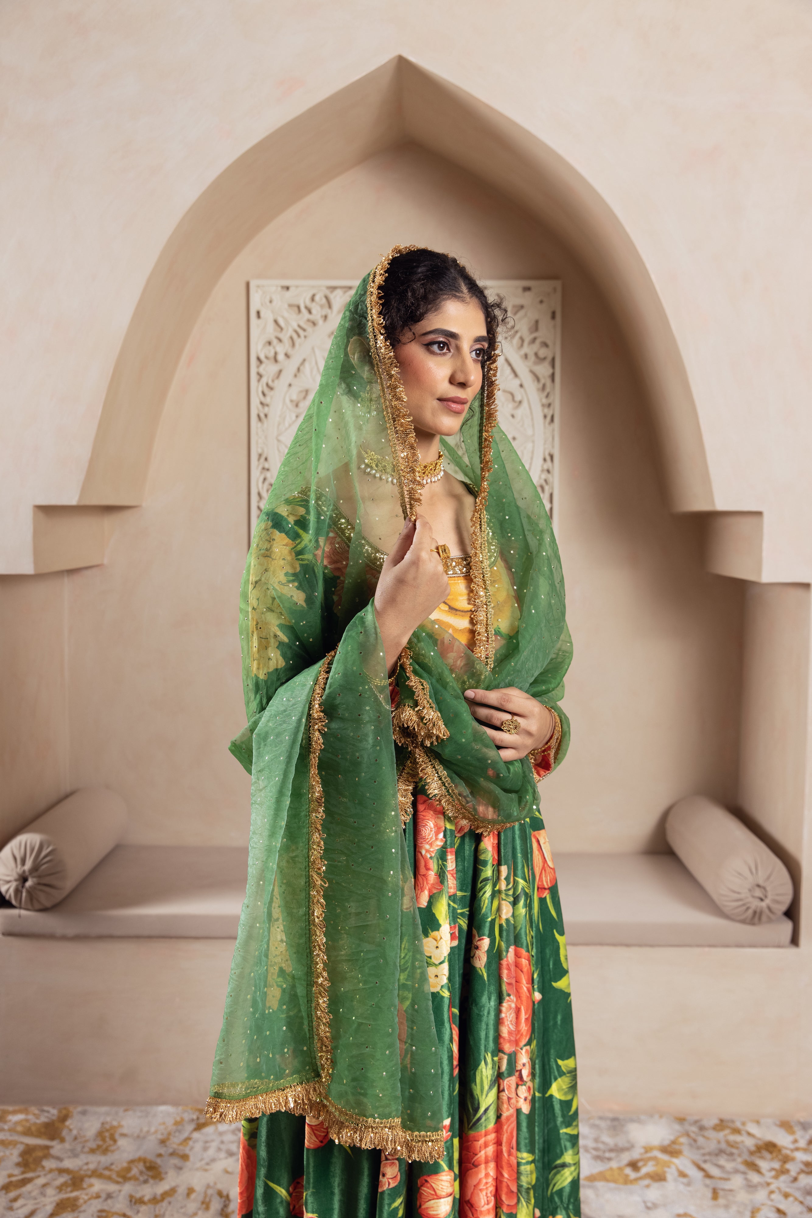 FIRGUN GREEN FLORAL VELVET ANARKALI SET